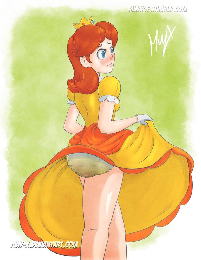 1girls blue_eyes brown_hair diaper diaper_under_clothing embarrassed female fully_clothed light_skin mario_(series) messy_diaper nintendo princess_daisy scat scat shit shit shitting soiling soiling_diaper stinky super_mario_bros.