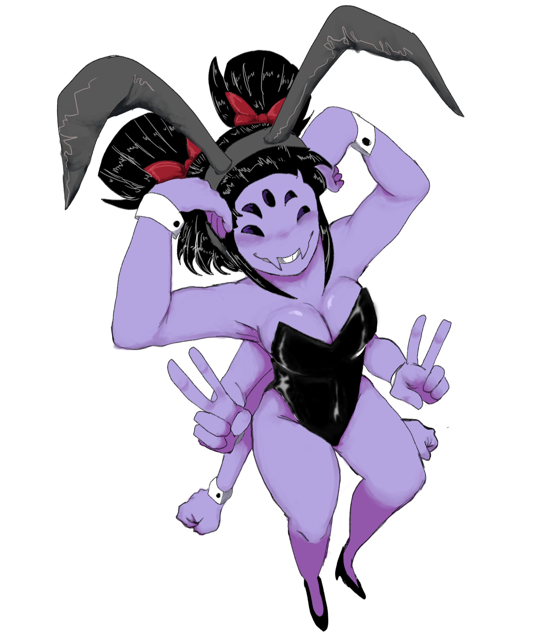 5 eyes, 6 arms, ass, black eyes, black hair, breasts, bunny ears, bunnysuit, fangs, fat ass, female, hair ribbon, hands on head, high heels, high-angle view, large breasts, light blush, looking at viewer, looking up, muffet, multi arm, multi eye, multi limb, pose, purple skin, slim waist, smile, tagme, thick thighs, undertale, undertale (series), wide hips, wristband, zackocafeina