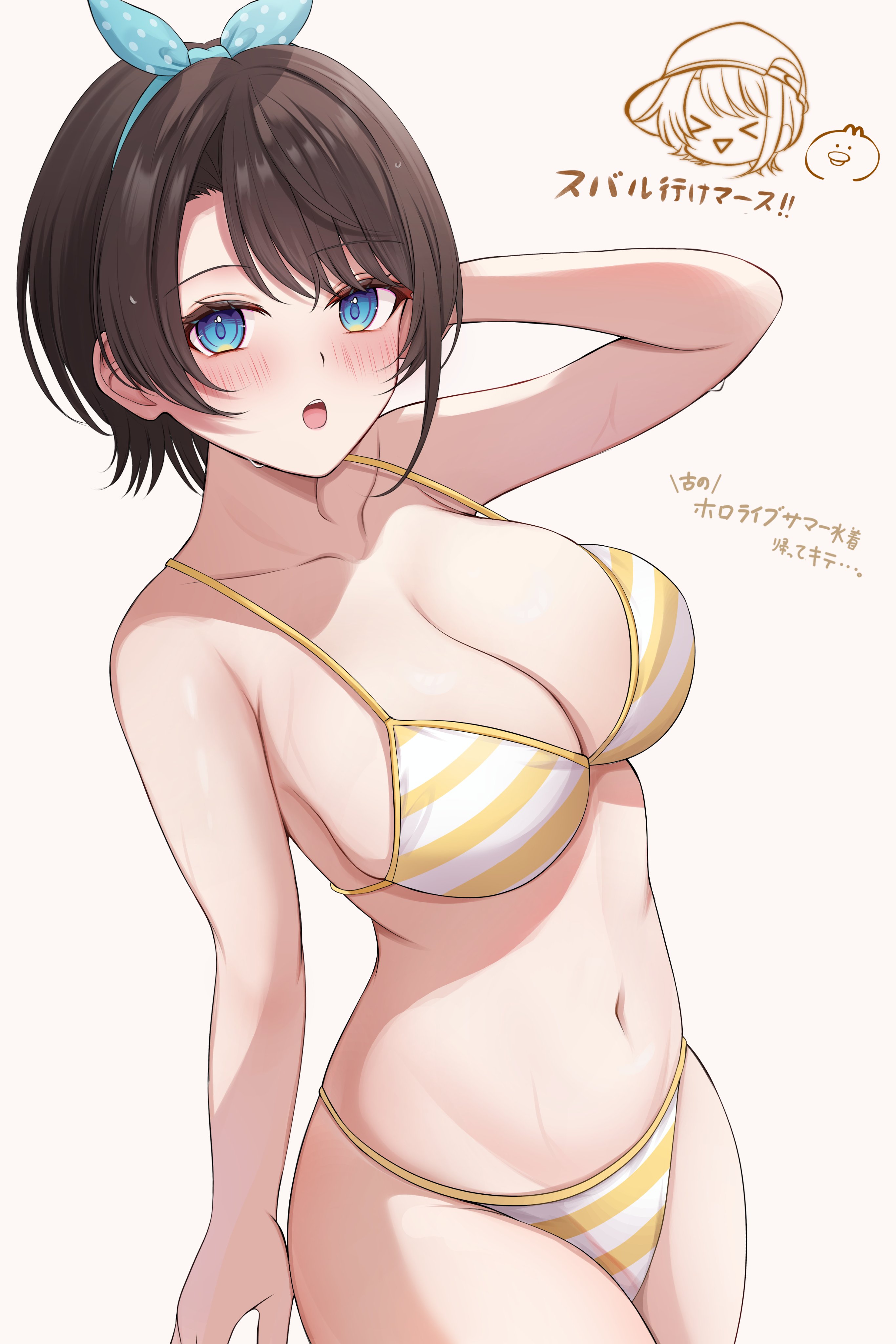 1girls, 7nopi, alternate breast size, alternate costume, arm behind head, big breasts, bikini, bikini bottom, bikini top, black hair, blue eyes, blush, bra, breasts, cleavage, fanart, fanart from twitter, female, female focus, female only, front view, high resolution, highres, hololive, hololive gen 2, hololive japan, large breasts, light skin, light-skinned female, looking at viewer, oozora subaru, sexy, short hair, simple background, slim female, solo female, solo focus, standing, swimsuit, thong, thong bikini, two piece swimsuit, virtual youtuber, vtuber, vtuberfanart, white background, yellow bikini, yellow bikini bottom, yellow bikini top, yellow swimsuit, young, younger female