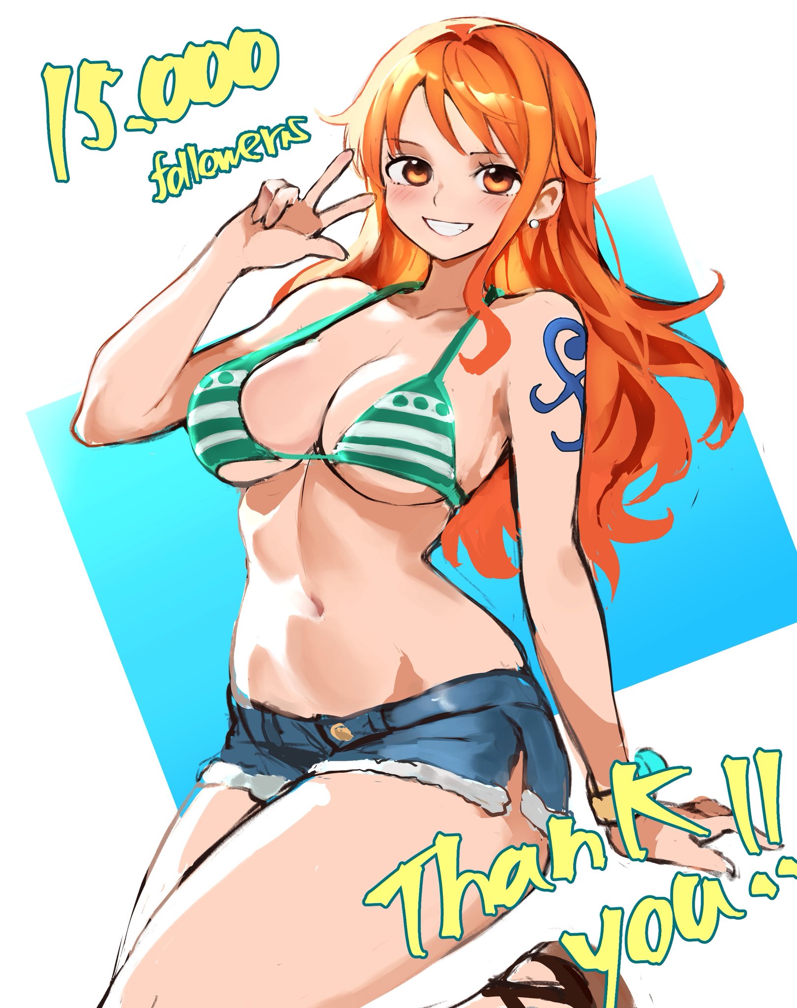 1girls, adult, adult female, arm support, arm tattoo, bare belly, bare chest, bare hands, bare hips, bare legs, bare midriff, bare navel, bare shoulders, bare thighs, belly, belly button, bikini, bikini top, breasts, busty, busty female, cleavage, clothing, collarbone, curvaceous, curvaceous body, curvaceous female, curvaceous figure, curvaceous hips, curvy, curvy body, curvy female, curvy figure, curvy hips, earrings, elbows, exposed arms, exposed belly, exposed chest, exposed hips, exposed legs, exposed midriff, exposed navel, exposed shoulders, exposed skin, exposed thighs, female, female focus, female only, fingers, green bikini, green bikini top, green string bikini, green swimsuit, green swimwear, groin, halterneck, happy, high resolution, highres, hourglass figure, jean shorts, kasumi6, large breasts, lean figure, log pose, long hair, looking at viewer, looking down, looking down at viewer, mature, mature female, midriff, nami (one piece), narrow waist, navel, one piece, orange eyebrows, orange eyes, orange hair, orange-eyed female, orange-haired female, peace sign, shorts, shoulders, sign, simple background, slender body, slender waist, slim waist, smile, smiley face, smiling at viewer, solo, string bikini, swimsuit, swimwear, tattoo, tattoo on arm, tattooed arm, thick thighs, thighs, upper body, v, v sign, white background, wide hips
