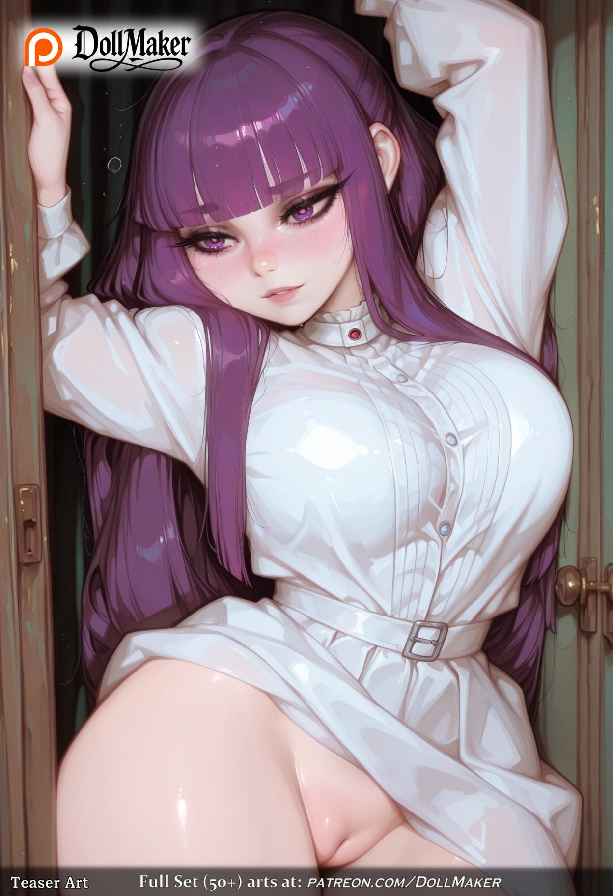 ai_generated bangs belt blunt_bangs blush breasts dollmaker dress eyebrows_visible_through_hair female fern_(sousou_no_frieren) in_box in_container large_breasts long_hair long_sleeves looking_at_viewer no_panties parted_lips purple_eyes purple_hair pussy ribbon shirt sidelocks skirt solo sousou_no_frieren tagme thighhighs very_long_hair white_shirt