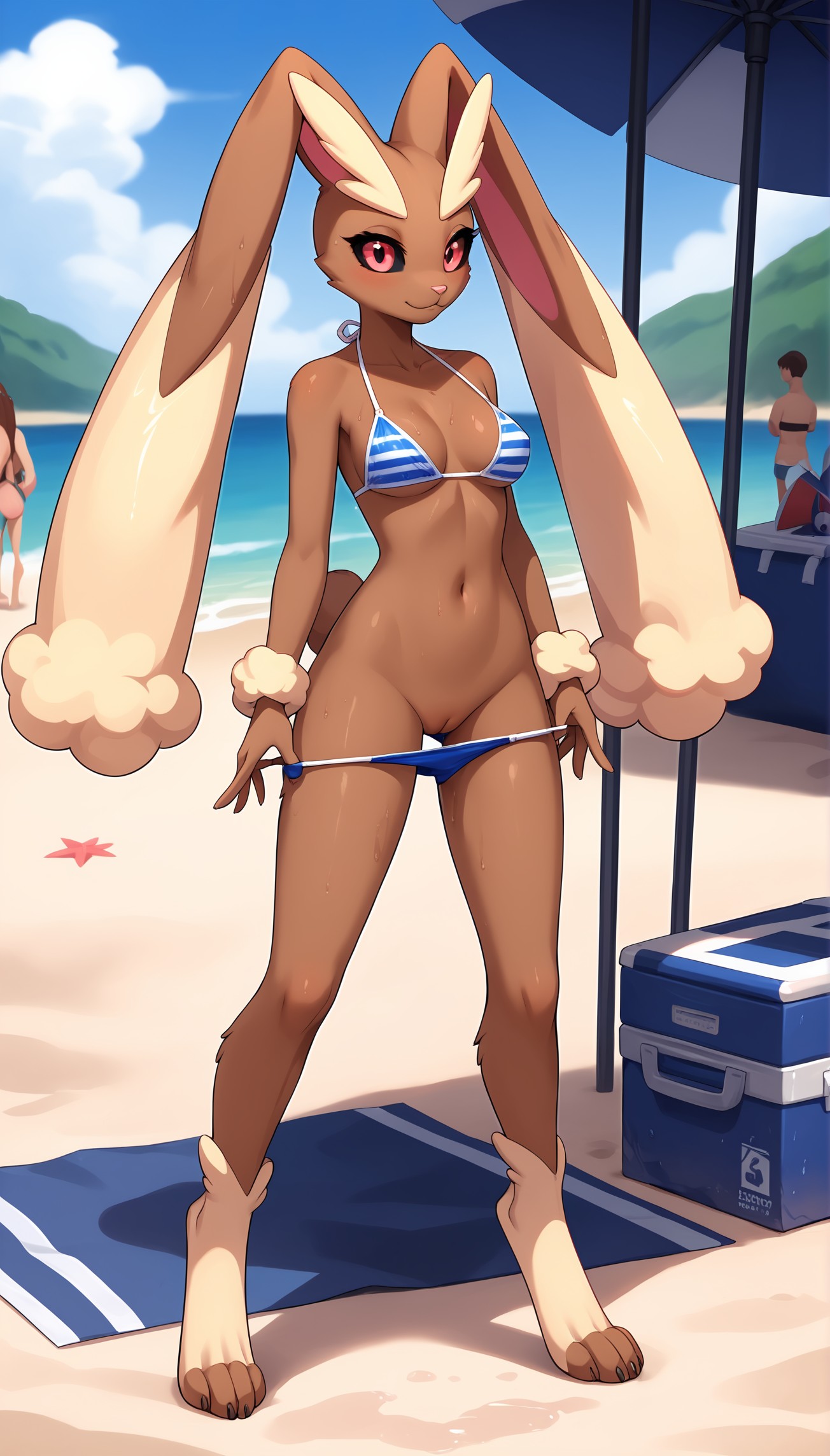 1girls, 2025, ai generated, anthro, beach, bikini, bikini bottom down, black sclera, breasts, brown fur, crowd, curvy figure, female, female only, flashing, generation 4 pokemon, hi res, innie pussy, lopunny, nintendo, pink eyes, pokemon, pokemon (species), pussy, rabbit, seaside, smile, wet, wet body, zonoya (artist)