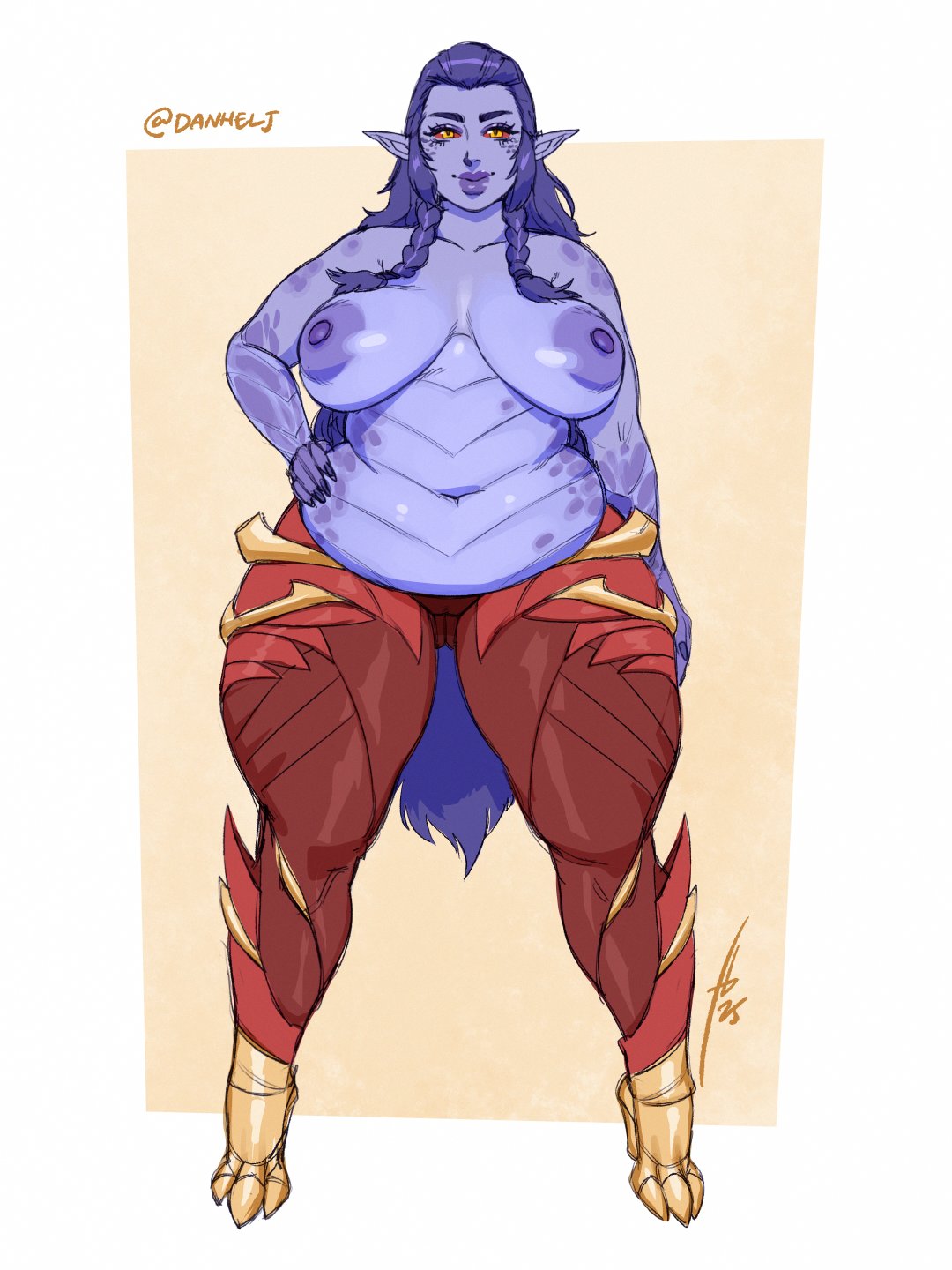 1girls, big breasts, breasts, chubby, chubby female, danhelj, female, female only, huge breasts, humanoid, league of legends, nude, purple body, shyvana, solo, solo female