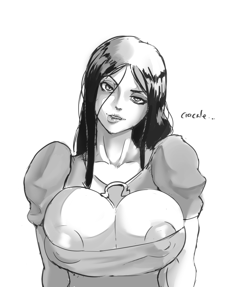 1girls, 2d, alice (madness returns), alice in wonderland, alice liddell, alice madness returns, american mcgee's alice, areola slip, areolae, arrogant, biting lip, breasts, cleavage, collarbone, donaught, dress, fairy tales, female, female only, large breasts, literature, looking at viewer, mole, monochrome, nipple slip, nipples, parted lips, public domain, solo, solo female, teeth, upper body, white background