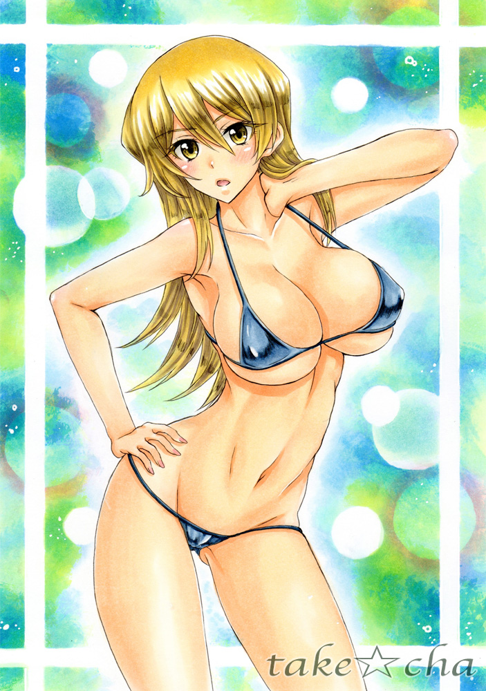 :o, 1girls, alexis rhodes, armpits, bikini, blonde hair, blue bikini, blush, breasts, cleavage, collarbone, contrapposto, female, female only, hair between eyes, hand on hip, hand on neck, human, large breasts, long hair, midriff, navel, open mouth, simple background, sketch, standing, swimsuit, takecha, tenjouin asuka, text, traditional media, underboob, watermark, yellow eyes, yu-gi-oh!, yu-gi-oh! gx