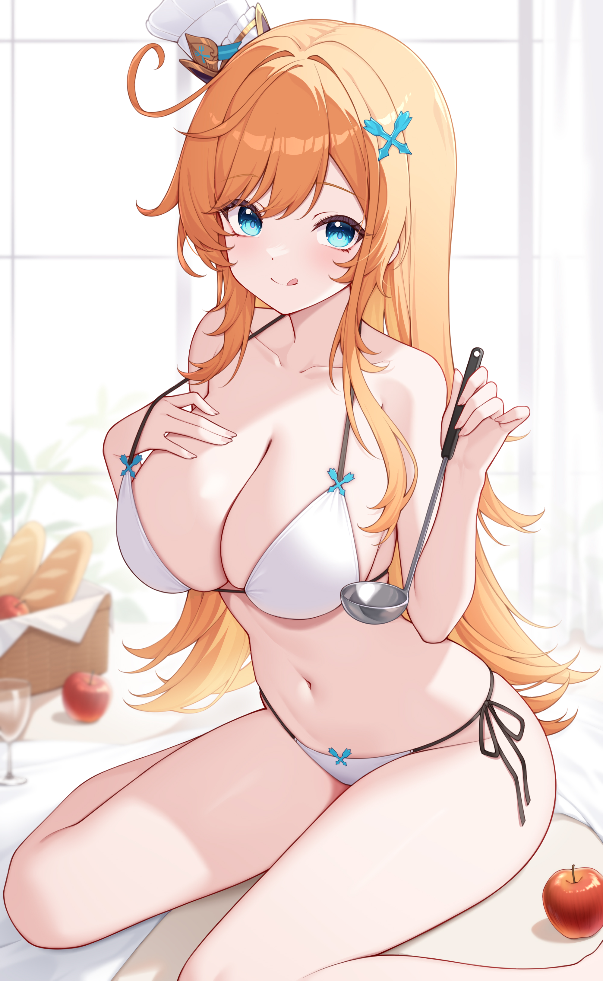 1girls, 2d, 2d (artwork), alternate costume, apple, apples, artist request, big breasts, bikini, bikini bottom, bikini top, blue eyes, bra, bread, breasts, chef hat, cleavage, day, escoffier (genshin impact), female, female focus, female only, front view, genshin impact, hat, high resolution, highres, holding object, hoyoverse, indoors, light skin, light-skinned female, long hair, looking at viewer, mihoyo, orange hair, sexy, slim female, smiling, smiling at viewer, solo, solo female, solo focus, swimsuit, thong, thong bikini, two piece swimsuit, white background, white bikini, white bikini bottom, white bikini top, white bra, white swimsuit, white thong, window, young, younger female