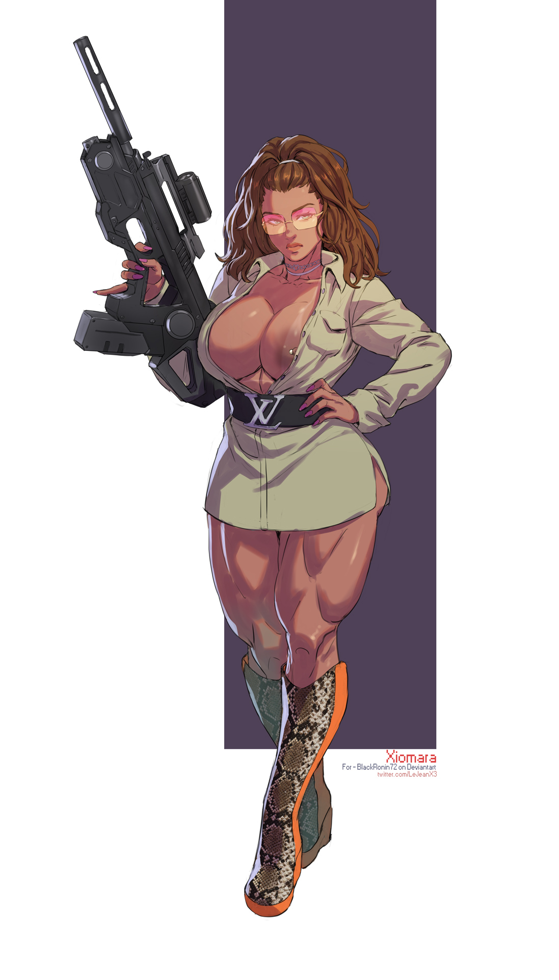 baddie, big breasts, breasts, female, gun, kasai x3, lejeanx3, muscle mommy, muscles, muscular, muscular female, muscular legs, muscular thighs, nipple piercing, nipple slip, nipples, original character, piercing, rifle, secret agent, tagme, tan skin, xiomara ortiz