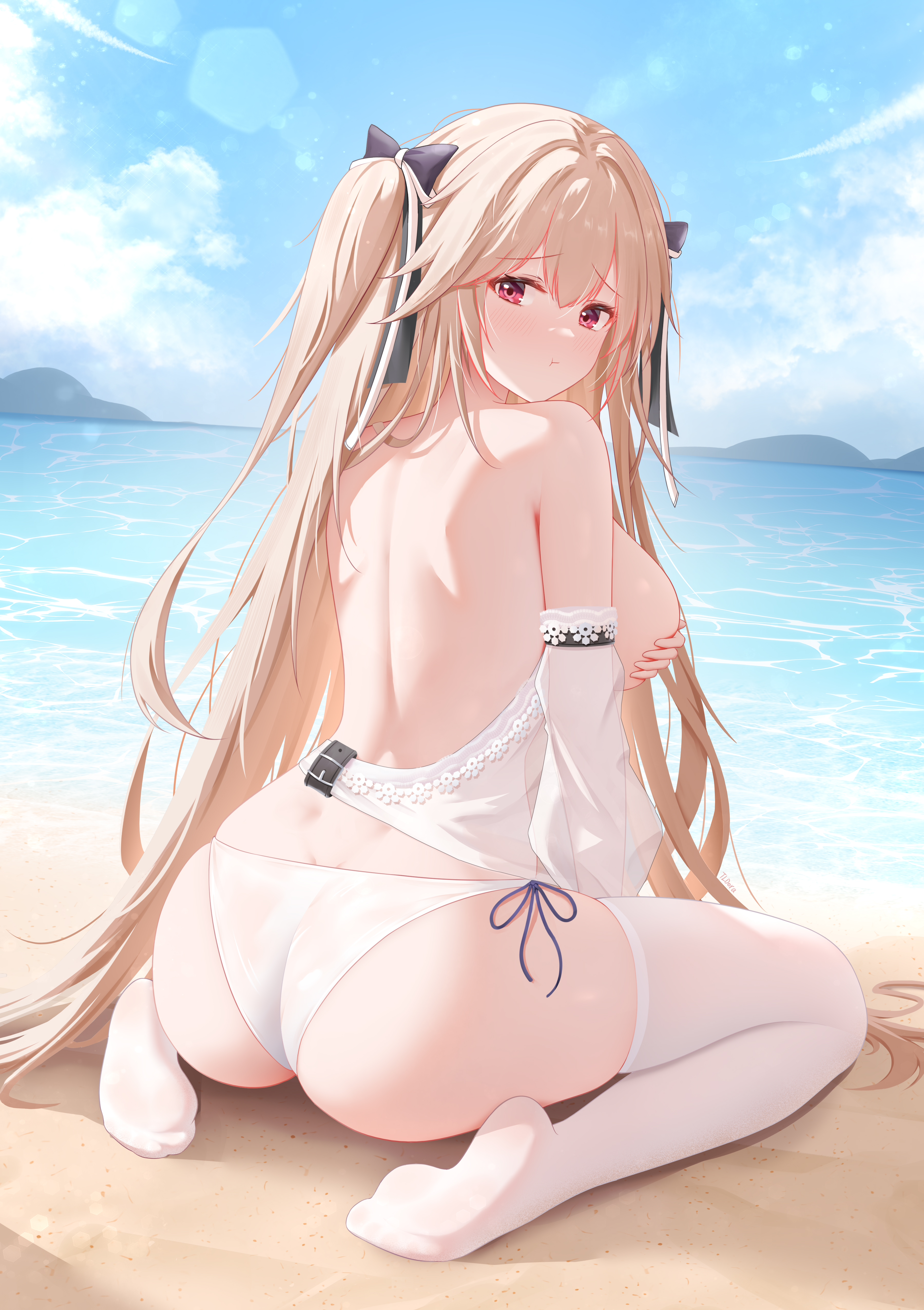 absurdres, anchorage (azur lane), anchorage (dolphins and swim lessons) (azur lane), ass, azur lane, bare back, beach, bikini, bikini bottom only, black ribbon, blue sky, breasts, brown hair, closed mouth, cloud, covering nipples, covering privates, day, detached sleeves, doraski, female, from behind, hair ribbon, highres, large breasts, long hair, looking at viewer, looking back, no shoes, ocean, official alternate costume, outdoors, red eyes, ribbon, side-tie bikini bottom, sideboob, sky, soles, solo, swimsuit, thighhighs, very long hair, white bikini, white sleeves, white thighhighs