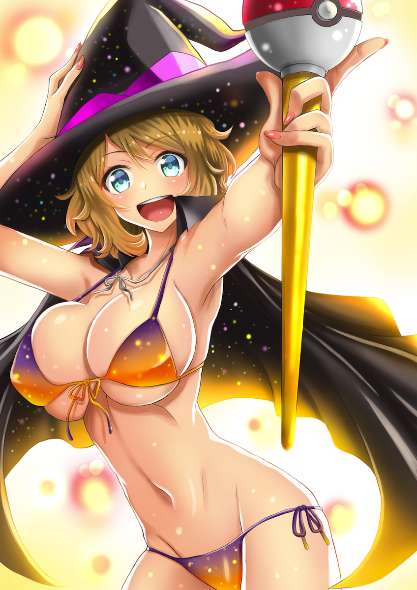 1girls :d adjusting_clothes adjusting_hat alternate_breast_size aqua_eyes armpits big_breasts bikini blonde_hair blush breasts cape cleavage cowboy_shot female female_only fingernails foreshortening front-tie_bikini front-tie_top groin halloween halloween_costume hat holding human human_only large_breasts light_particles looking_at_viewer nail_polish navel nintendo open_mouth pink_nails poke_ball pokemon pokemon_xy serena_(pokemon) short_hair short_serena side-tie_bikini sideboob sketch smile solo staff standing stomach swimsuit takecha text underboob watermark witch witch_hat