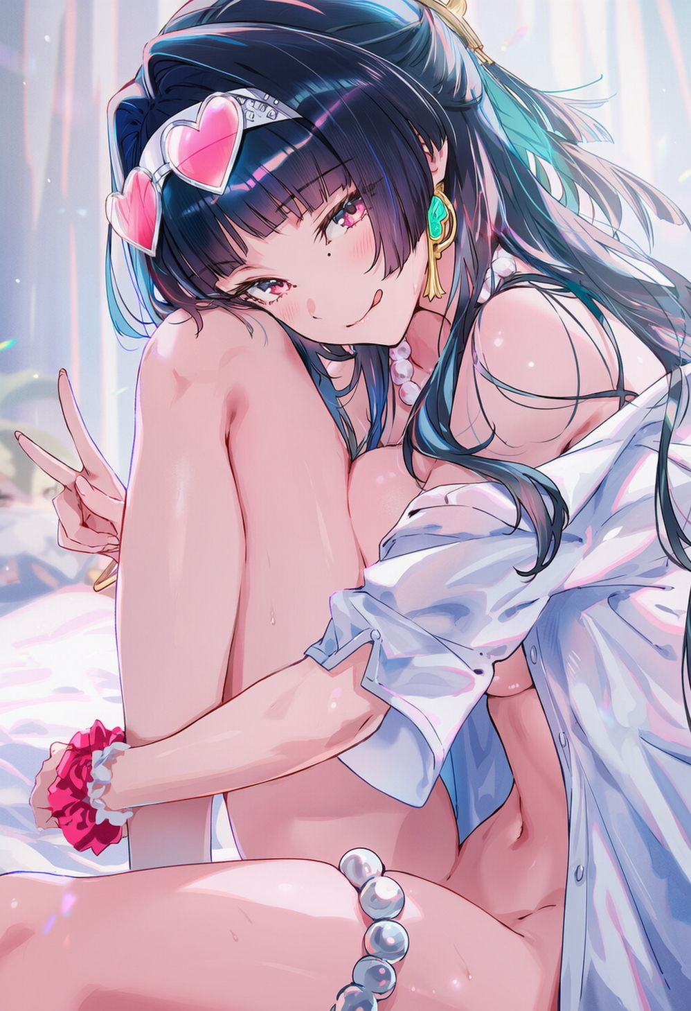 ai generated, almost naked, astra yao, black hair, female, female only, licking lips, naked female, on bed, raaicave, sunglasses on head, white shirt, zenless zone zero