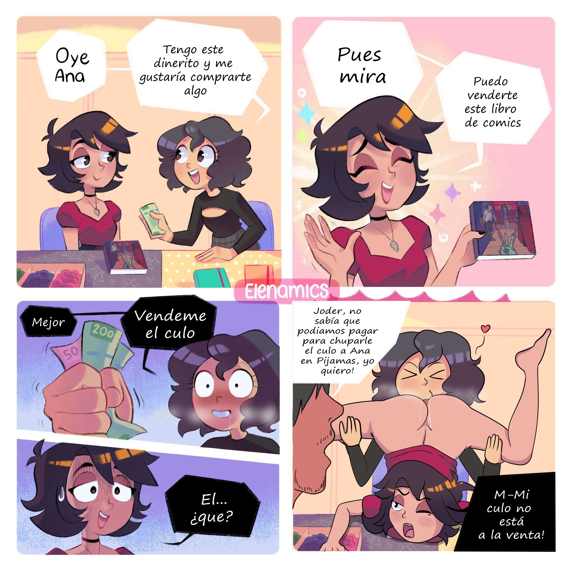 2girls, ana (anapijamas), anapijamas, ass, big ass, blush, boob window, bottomless, bottomless female, breasts, choker, closed eyes, clothed, clothed female, clothing, comic, comic strip, cunnilingus, drool, drooling, eating ass, elena (elenamics), elenamics, female, female focus, fully clothed, fully clothed female, male, mbhen114, mostly clothed, mostly clothed female, necklace, one eye closed, open mouth, oral, oral sex, partial male, prostitution, public, public nudity, public sex, saliva, saliva on anus, saliva string, saliva trail, steam, steamy, steamy breath, sucking ass, text, text bubble, yuri