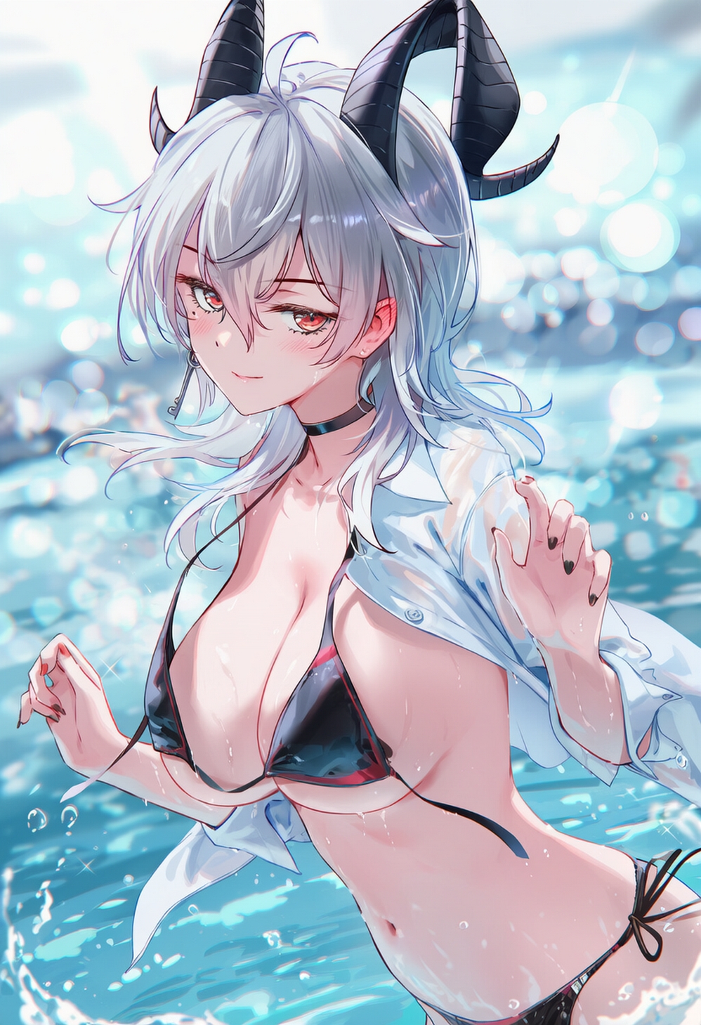 ai generated, ass, big breasts, bikini, bikini top removed, breasts, female, female only, raaicave, smirking, white hair, wuthering waves, zani (wuthering waves)