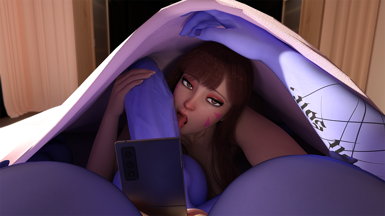 1futa, 1girls, 3d, 3d model, amelie lacroix, areolae, auditour, balls, blanket, blue skin, blue-skinned futa, breasts, d.va, female, futa on female, futanari, hana song, intersex, large breasts, licking penis, light skin, light-skinned female, overwatch, penis, pov, selfie, selfie with penis, testicles, under blanket, under covers, video game franchise, widowmaker