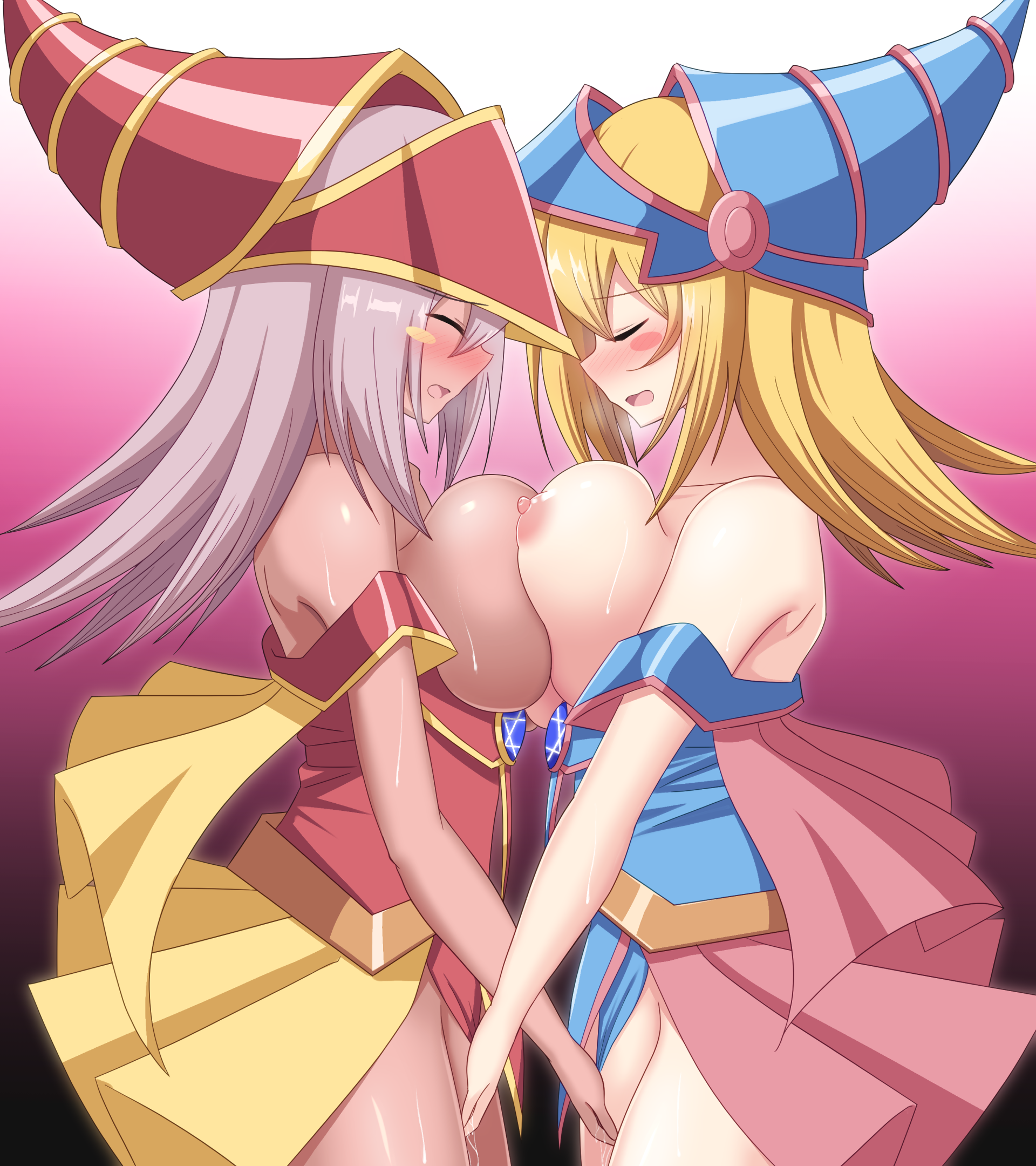 2girls, after sex, blonde hair, blush, blush stickers, breast fight, breast press, breasts, breasts out, breath, catfight, closed eyes, clothed sex, dark magician girl, dark skin, dark-skinned female, dual persona, duel monster, female, fingering, fingering each other, grey hair, hexagram, highres, huge breasts, long hair, multiple females, multiple girls, nipples, open mouth, paradox 1818, pussy, selfcest, sex fight, sexfight, standing, star of david, sweat, symmetrical docking, tagme, titfight, trembling, vaginal penetration, yu-gi-oh!, yuri