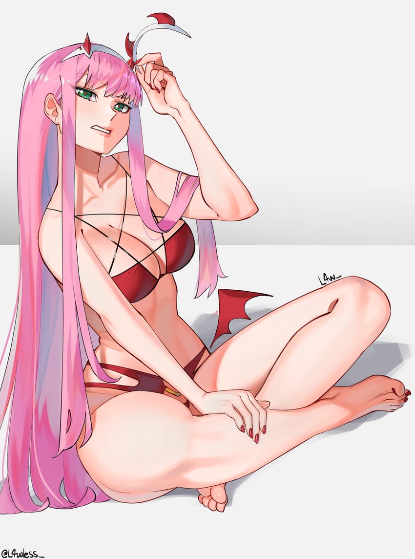 bra, breasts, cleavage, darling in the franxx, feet, female, horns, huge breasts, l4wless, long hair, painted nails, panties, pink hair, thick thighs, zero two (darling in the franxx)