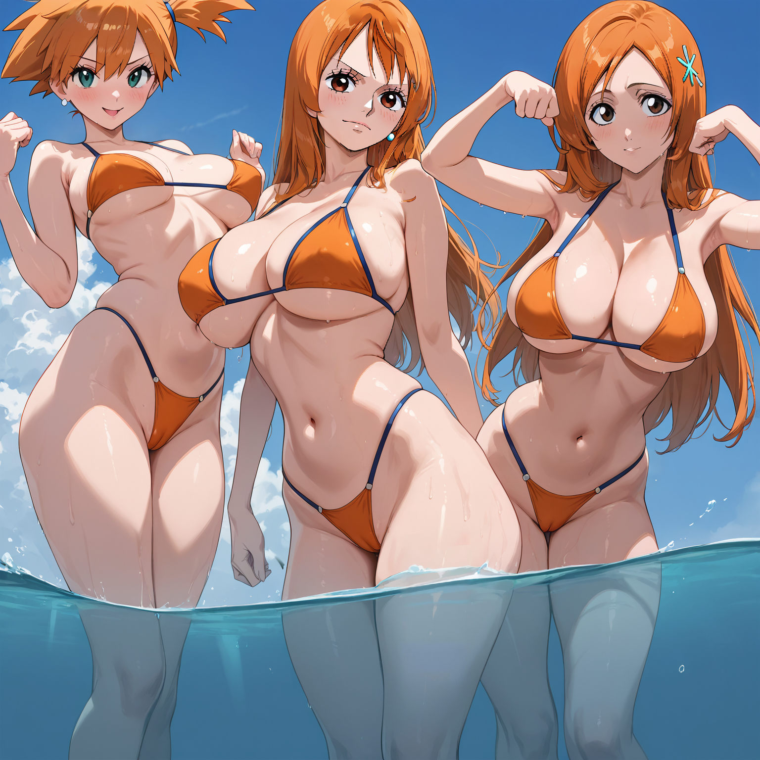 :d, 3girls, ai generated, armpits, arms up, artist request, bangs, bare arms, bare shoulders, beach, bikini, bikini bottom, bleach, blue bikini, blue sky, blue swimsuit, blush, breast-to-breast, breasts, brown eyes, cameltoe, clavicle, cleavage, closed mouth, clothing, cloud, collarbone, curvaceous, day, erect nipples, eyebrows, female, female only, green eyes, groin, hair ornament, halterneck, hands up, highleg, highleg bikini, highleg swimsuit, huge breasts, inoue orihime, kasumi (pokemon), kuitaros, large breasts, legs, light skin, light-skinned female, long hair, looking at viewer, medium breasts, micro bikini, midriff, multiple females, multiple girls, nami (one piece), navel, nipples, ocean, one piece, open mouth, open-mouth smile, orange bikini, orange hair, orange swimsuit, orange-haired female, outdoors, parted bangs, parted lips, partially submerged, pokemon, pokemon (anime), pokemon (classic anime), pokemon rgby, ponytail, pool, pussy, shiny skin, short hair, side ponytail, sideboob, sidelocks, skindentation, sky, smile, standing, stomach, string bikini, swimsuit, tattoo, thick thighs, thigh gap, thighs, underboob, wading, water, wet, wide hips, yellow bikini, yellow swimsuit