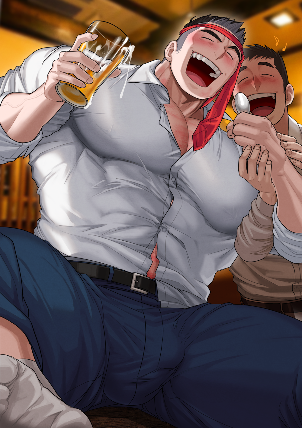 2boys abs absol_(dkqthf) bara beefy beer beer_glass belt big_breasts big_teeth black_hair blurry_background blush breast_bigger_than_head broad_shoulders bruise bruise_on_face bruised_breast bruised_neck bulge bulge_through_clothing closed_eyes daddy dilf dimples drunk frown fully_clothed gay hi_res holding_hands holding_object huge_breasts hunk laugh light_skin male male_breasts male_only manly maou_abusorun mature_male muscles muscular muscular_arms muscular_legs muscular_male muscular_thighs musical_note open_mouth oppai original original_character pecs restaurant shaved_side short_hair sitting size_difference socks spiky_hair spoon spread_legs thick_eyebrows tight_clothing tough_guy veiny_arms white_shirt white_socks yaoi