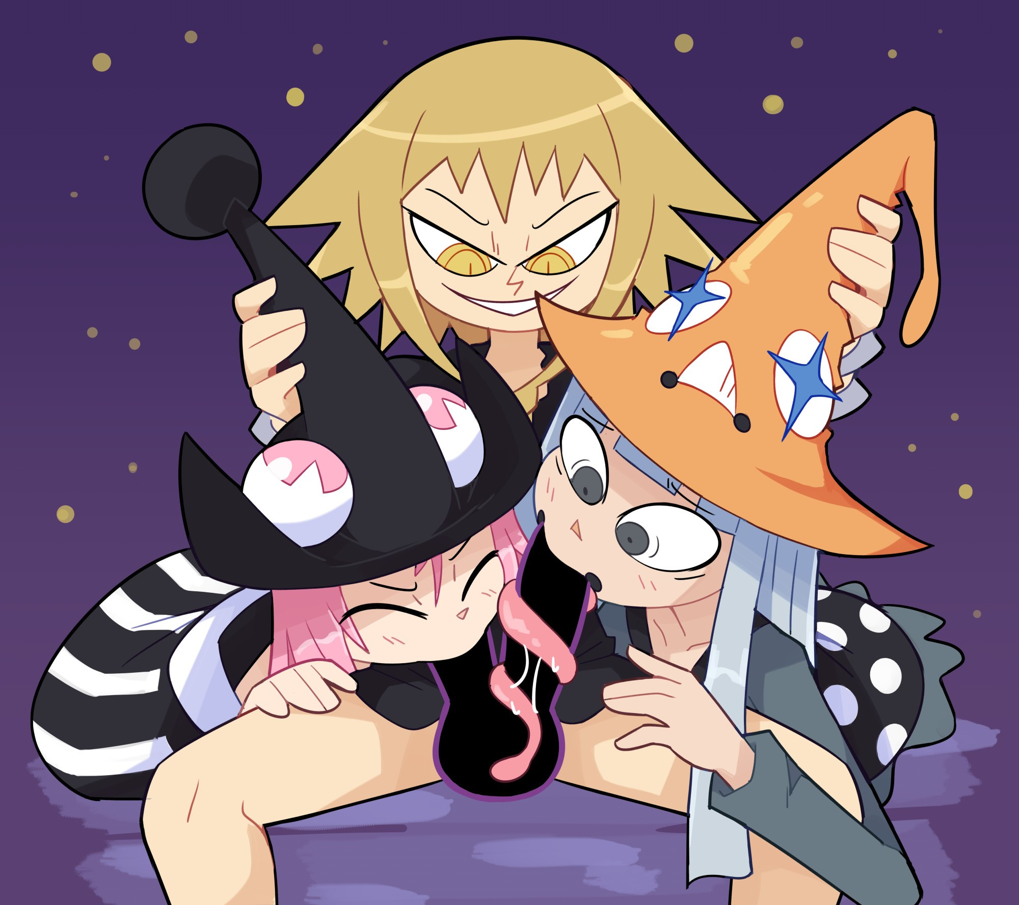 1futa, 2girls, alternate version available, blonde hair, blowjob, blue hair, clothed, collaborative fellatio, deepthroat, diphallia, diphallism, eruka frog, fellatio, female, forced, forced oral, frog tongue, futa on female, futa/female/female, futanari, grey eyes, hand on head, intersex, intersex/female, light skin, light-skinned female, light-skinned futa, long tongue, medusa gorgon, miscon, mizune, multi genitalia, multi penis, oral, penis, pink hair, soul eater, tongue, tongue out, tongue out blowjob, trio, witch, witch hat, yellow eyes