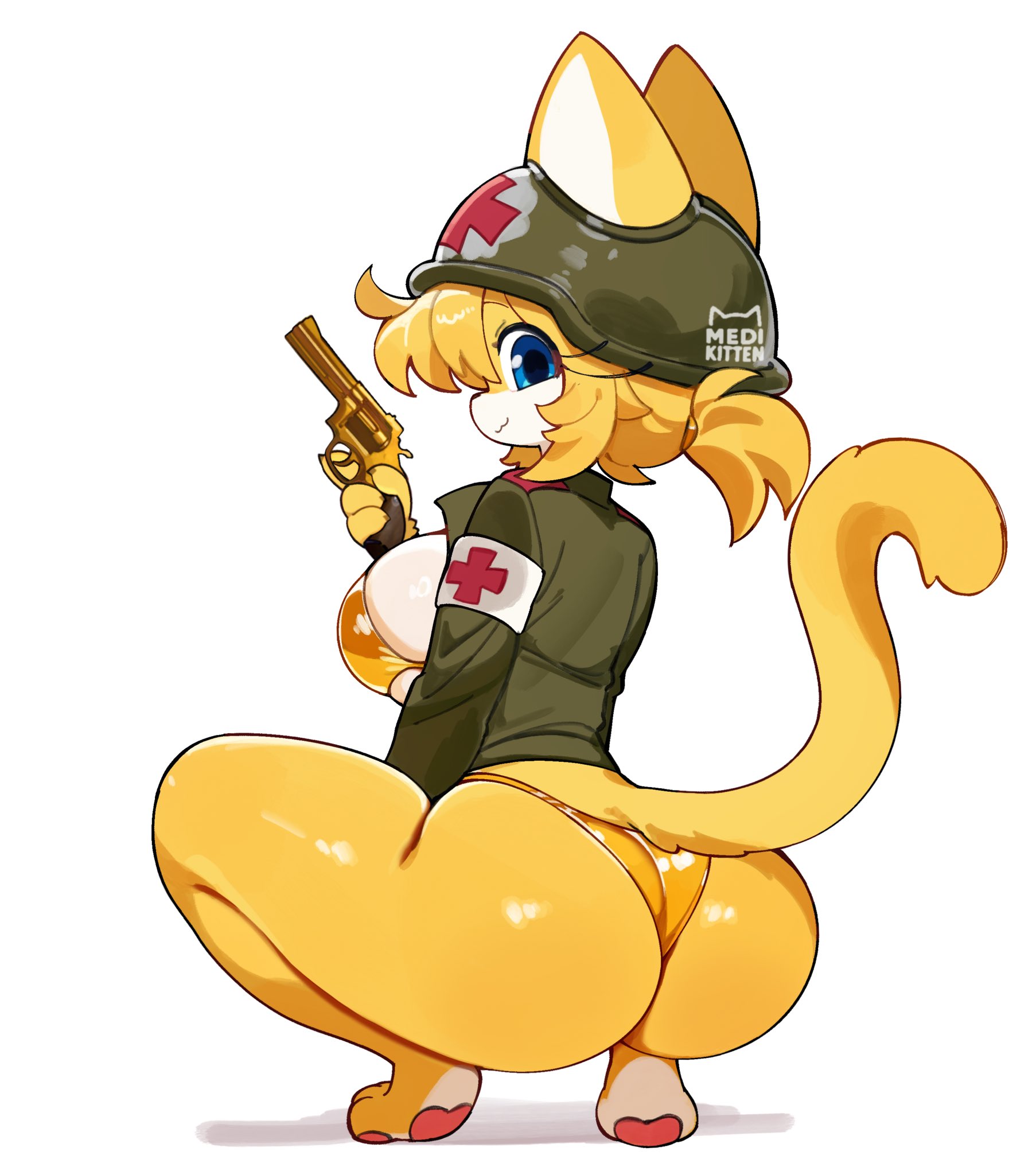 1girls, ass focus, big ass, big breasts, breasts, cat ears, cat tail, eyes open, focus, furry female, gun, helmet girl, katie (medikitten), medikitten, military clothing, military uniform, perfect ass, sexy body, sexy pose