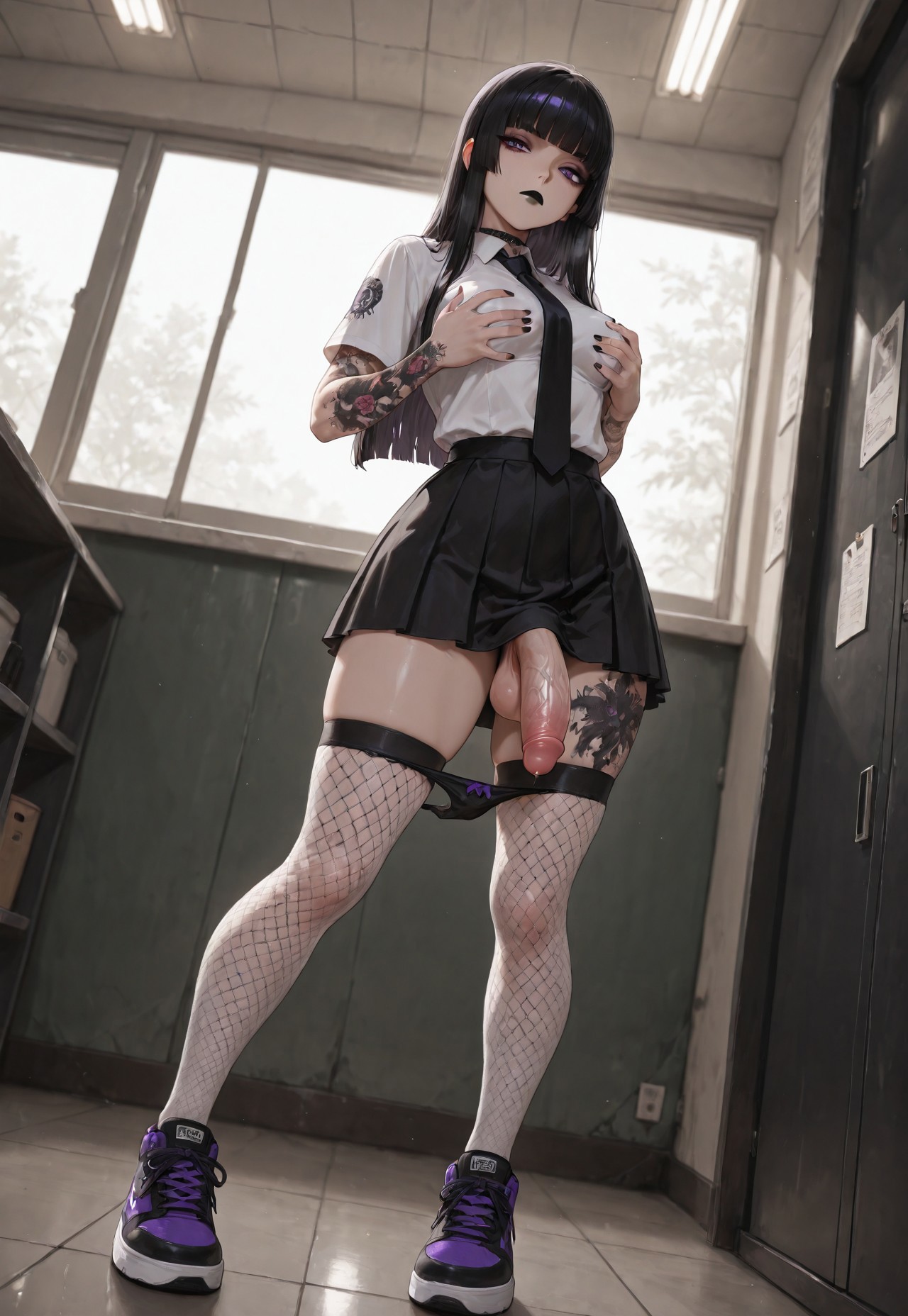 1futa, ai generated, balls, black hair, black lipstick, black skirt, black tie, blunt bangs, breast grab, breasts, eyeshadow, female, fishnet legwear, fishnet stockings, fishnet thighhighs, fishnets, flaccid, from below, full body, futa only, futanari, goth, goth futa, goth girl (jamesbron), hands on breasts, hime cut, intersex, jamesbron, large penis, legwear, lipstick, long hair, looking at viewer, low-angle view, medium breasts, panties, panties down, panty pull, penis, purple eyes, ribbon panties, shirt, skirt, sneakers, solo, solo futa, squatting, standing, tattoed arm, tattoo, thick thighs, thighhighs, thighs, tie, white shirt, wide hips