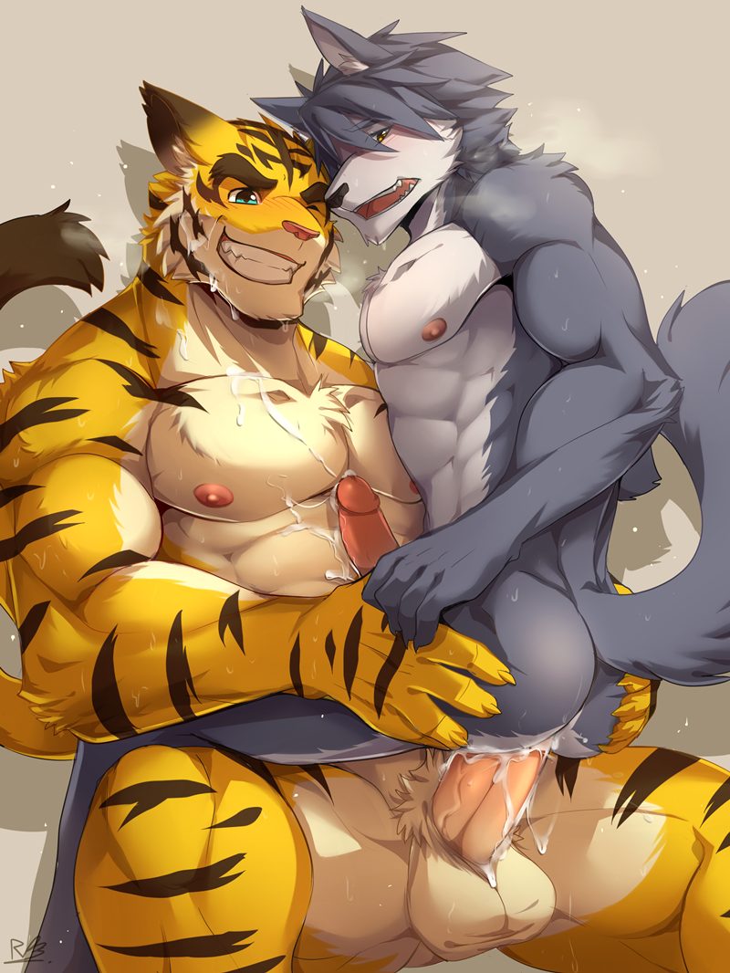 abs anal anal_sex anthro balls canine cum cum_inside cumshot ejaculation erection feline kouya male mammal morenatsu muscular nipples nude on_top orgasm pecs penetration penis rabbity simple_background tiger torahiko_(morenatsu) wolf yaoi