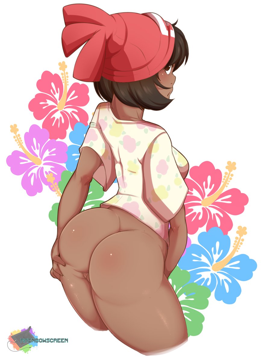 1girls, alternate skin color, ass, dark skin, dark-skinned female, female, female only, human, human only, looking at viewer, looking back, pokemon, pokemon sm, pussy, rainbowscreen, selene (pokemon), solo, spread ass, text