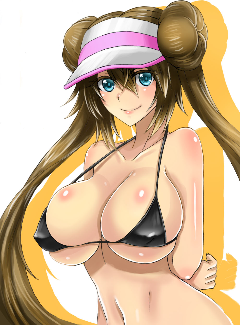 1girls, arms behind back, bare shoulders, bikini, bikini top, black bikini, blue eyes, blush, body blush, breasts, brown hair, closed mouth, collarbone, double bun, erect nipples, female, hair between eyes, hat, huge breasts, human, large breasts, lips, long hair, looking at viewer, midriff, navel, nipples, pokemon, pokemon bw2, rosa (pokemon), silhouette, simple background, skindentation, smile, solo, stomach, strap gap, swimsuit, takecha, tareme, tied hair, twintails, upper body, very long hair, visor cap, white background, white hat