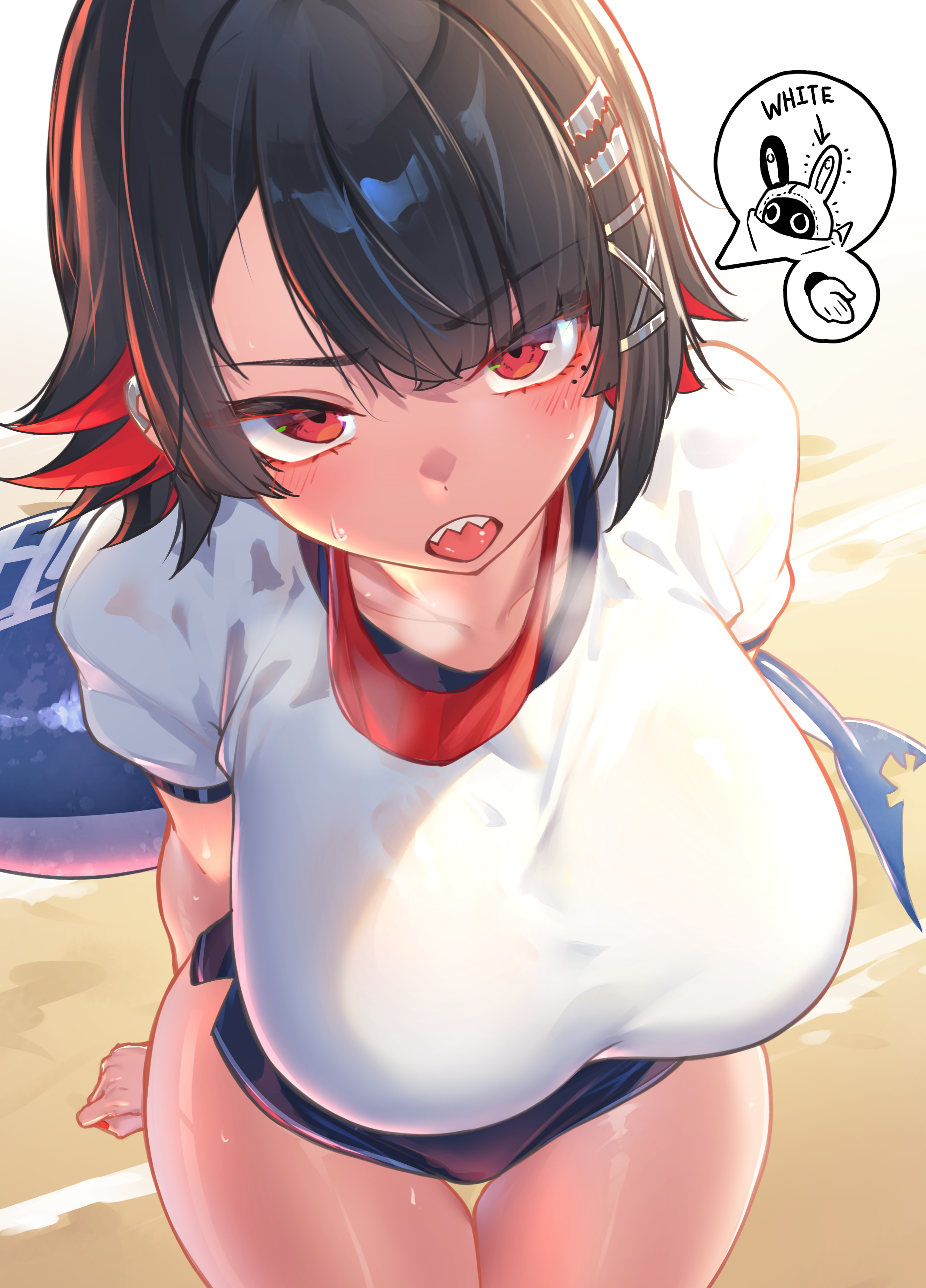 1girls, big breasts, breasts, breath, close-up, ear piercing, ellen joe, female, gym uniform, hair ornament, hoyoverse, kemonomimi, large breasts, light-skinned female, low-angle view, nichesnake, open mouth, red eyes, red hair, red nails, shark girl, shark tail, shark teeth, sharp teeth, slim waist, speech bubble, sweat, tail wagging, teenage female, teenager, wide hips, zenless zone zero