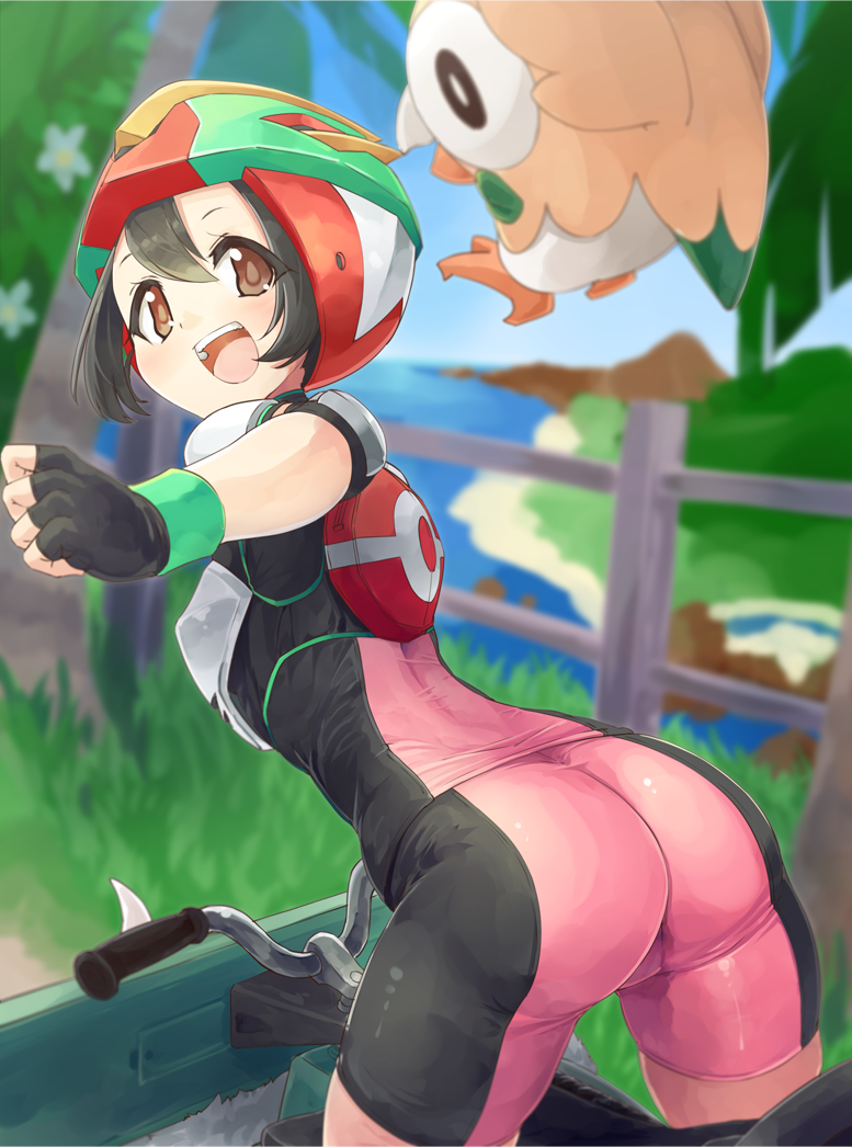 1girls ass bike_shorts black_hair blush bodysuit breasts brown_eyes female fingerless_gloves from_behind gloves helmet human human_only looking_at_viewer nakaakira nintendo open_mouth png pokemon pokemon_sm rowlet selene_(pokemon) shiny shiny_clothes shiny_hair short_hair sideboob skin_tight smile tree