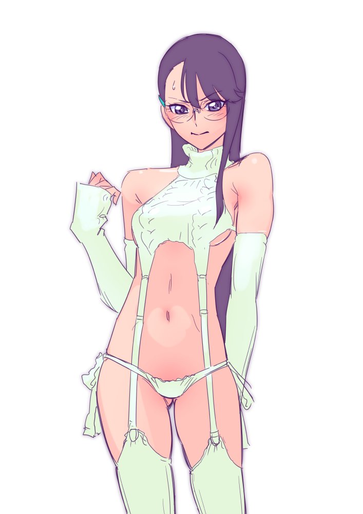 1girls, belly button, female, female only, glasses, heartcatch precure!, light skin, light-skinned female, muramura hito, precure, pretty cure, purple eyes, purple hair, round glasses, solo, toei animation, tsukikage yuri, virgin destroyer sweater, virgin killer sweater