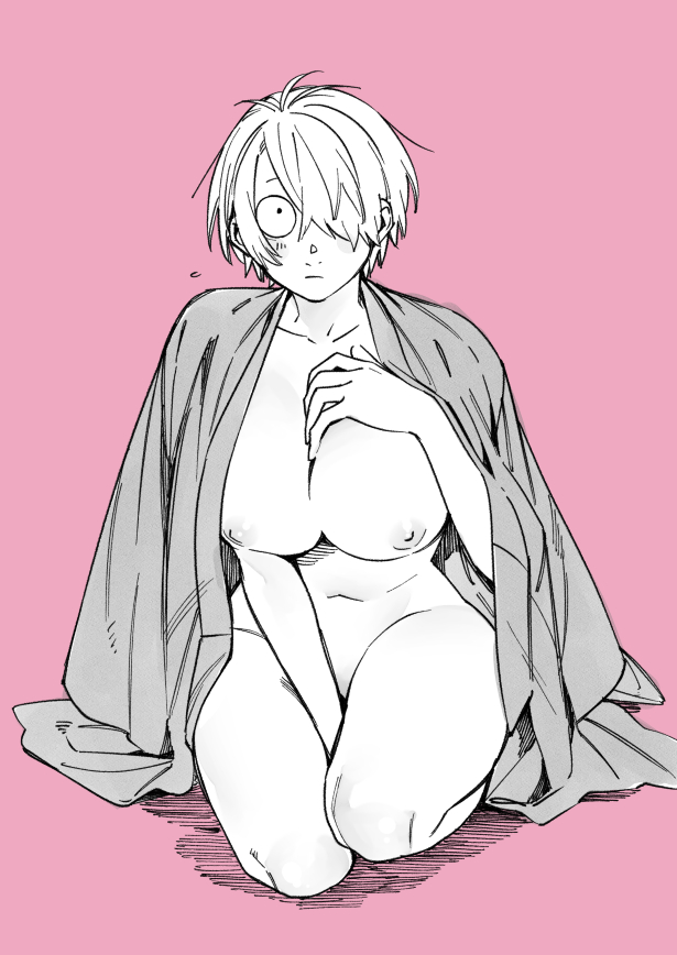big_breasts blush breasts breasts_out female female_only full_body gegege_no_kitarou genderswap_(mtf) hair_over_one_eye kimono kitarou_tanjou_gegege_no_nazo kngr_dappou looking_at_viewer medama_oyaji_(human) milf mostly_nude partially_clothed pink_background rule_63 short_hair sitting solo very_short_hair wide_eyed wide_hips