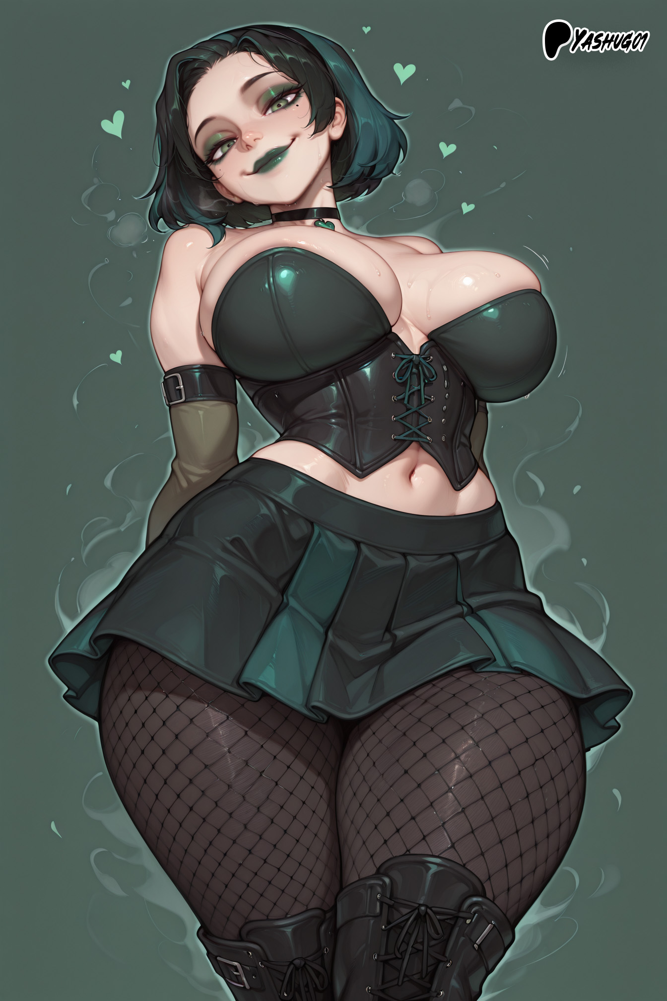 ai generated, bare thighs, black hair, breasts, cartoon network, female, fishnets, gigantic breasts, goth, goth girl, green eyes, gwen (tdi), huge breasts, huge thighs, light skin, light-skinned female, looking at viewer, massive breasts, multicolored hair, oiled body, oiled skin, short hair, smiling, solo female, squatting, sweat, sweatdrop, thick body, thick female, thick thighs, thighs, total drama island, voluptuous, voluptuous female, yashugai