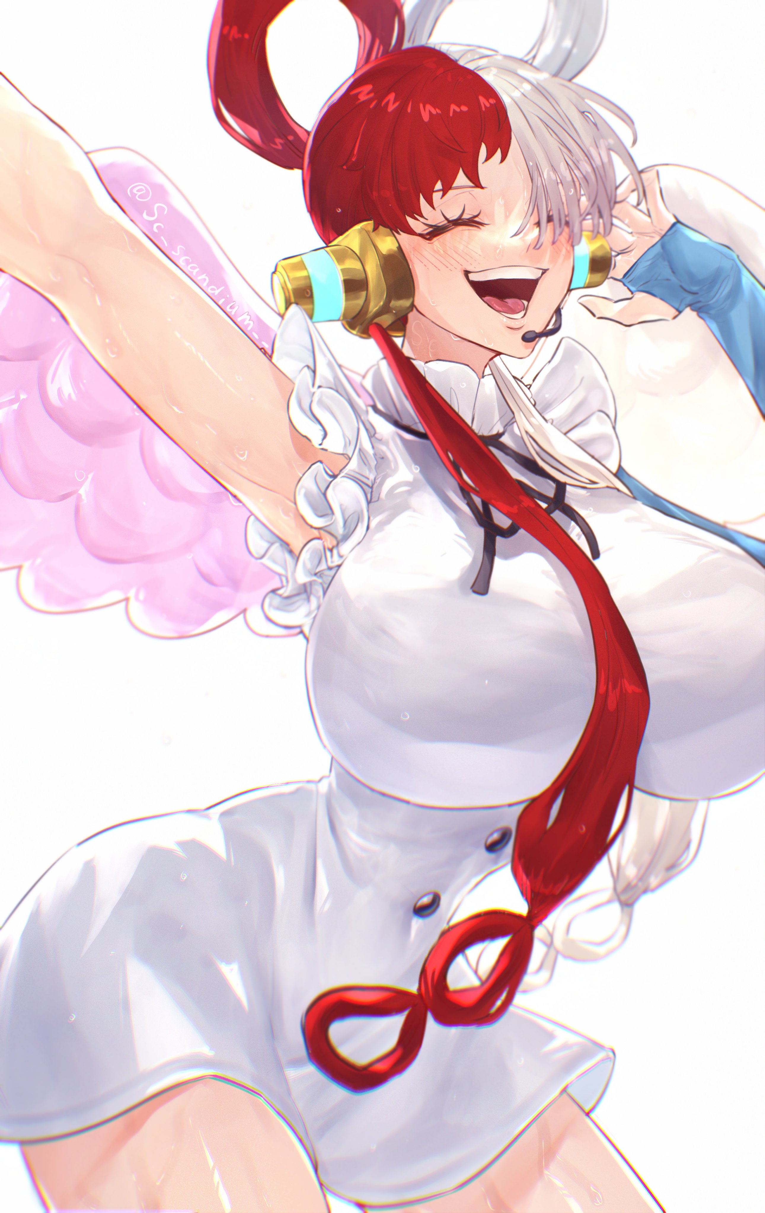 1girls, artist name, bare legs, bare thighs, big breasts, blush, breasts, breasts bigger than head, closed eyes, clothed, clothing, curvaceous, curvy, curvy female, curvy figure, female, female focus, female only, happy, huge breasts, large breasts, light skin, light-skinned female, multicolored hair, one piece, one piece film red, open mouth, red hair, red-haired female, sc scandium, simple background, slim waist, solo, thick thighs, thighs, thin waist, two-tone hair, uta (one piece), white background, white hair, white-haired female, wide hips
