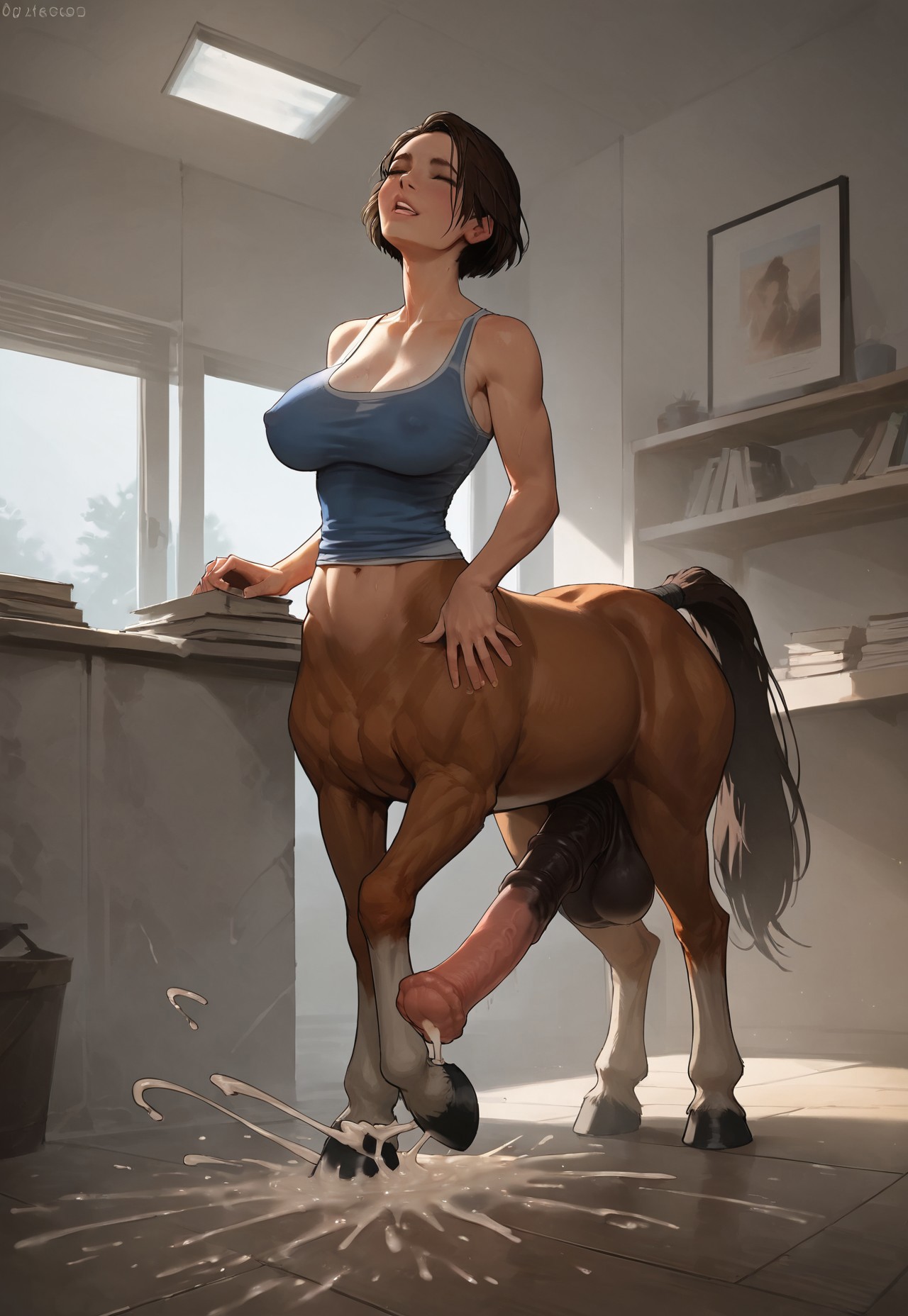 ai generated, animal genitalia on humanoid, centaur, centaur futa, clothing, cum, cumming, dalan063, futanari, handsfree ejaculation, hooves, horsecock, horsecock on humanoid, intersex, jill valentine, partially clothed, penis, resident evil, resident evil 3, resident evil 3 remake, taur, transformation