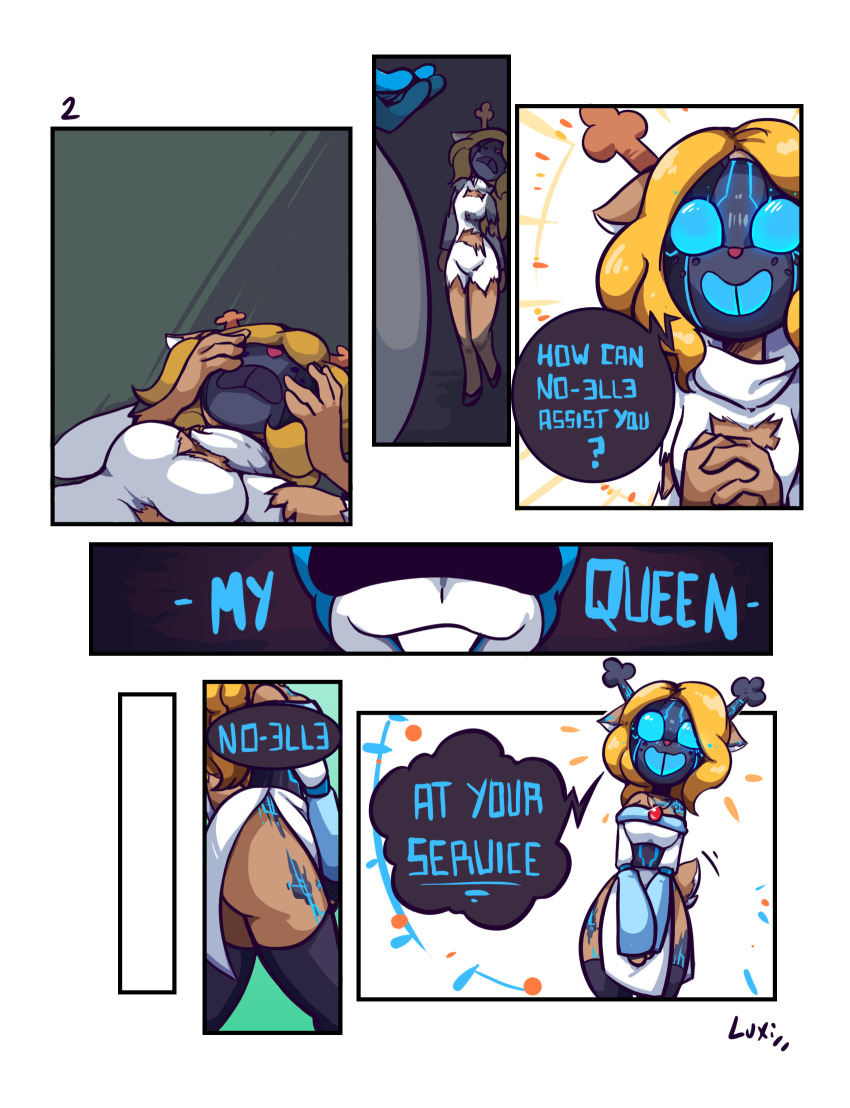 2d, 2d (artwork), annoyed, anthro, anthro female, antlers, blonde female, blonde hair, blue eyes, brainwashing, breasts, clothed, comic, comic page, comic panel, comic strip, corruption, deer, deer antlers, deer ears, deer girl, deer horns, deer tail, deltarune, deltarune chapter 2, digital media, digital media (artwork), dominant, dominant female, domination, domination/submission, dronification, female, female anthro, female only, femdom, femsub, forced, freckles, furry, furry female, giving in, giving up, glowing eyes, holding hands, horns, humanoid, humiliation, long hair, mask, masked, monster girl, noelle holiday, obedience, obedient, omegaluxifer, open mouth, queen, queen (deltarune), robot, robot girl, robotization, submissive, submissive female, tail, taunting, tech control, teenage girl, teenager, text bubble, thighs, torn clothes, trap, trapped