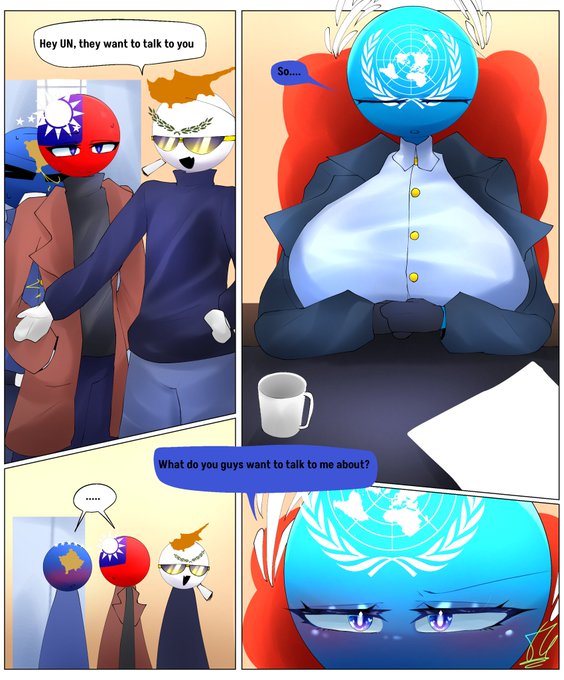 1girls 3boys 44waa29304 arm_band big_breasts blue_eyes blush chair closed_eyes clothed coat coffee_cup conversation countryhumans countryhumans_girl cyprus_(countryhumans) desk gloves hands_in_pockets kosovo_(countryhumans) open_mouth sheet_of_paper smoking smoking_cigarette sunglasses tagme taiwan_(countryhumans) united_nations_(countryhumans)