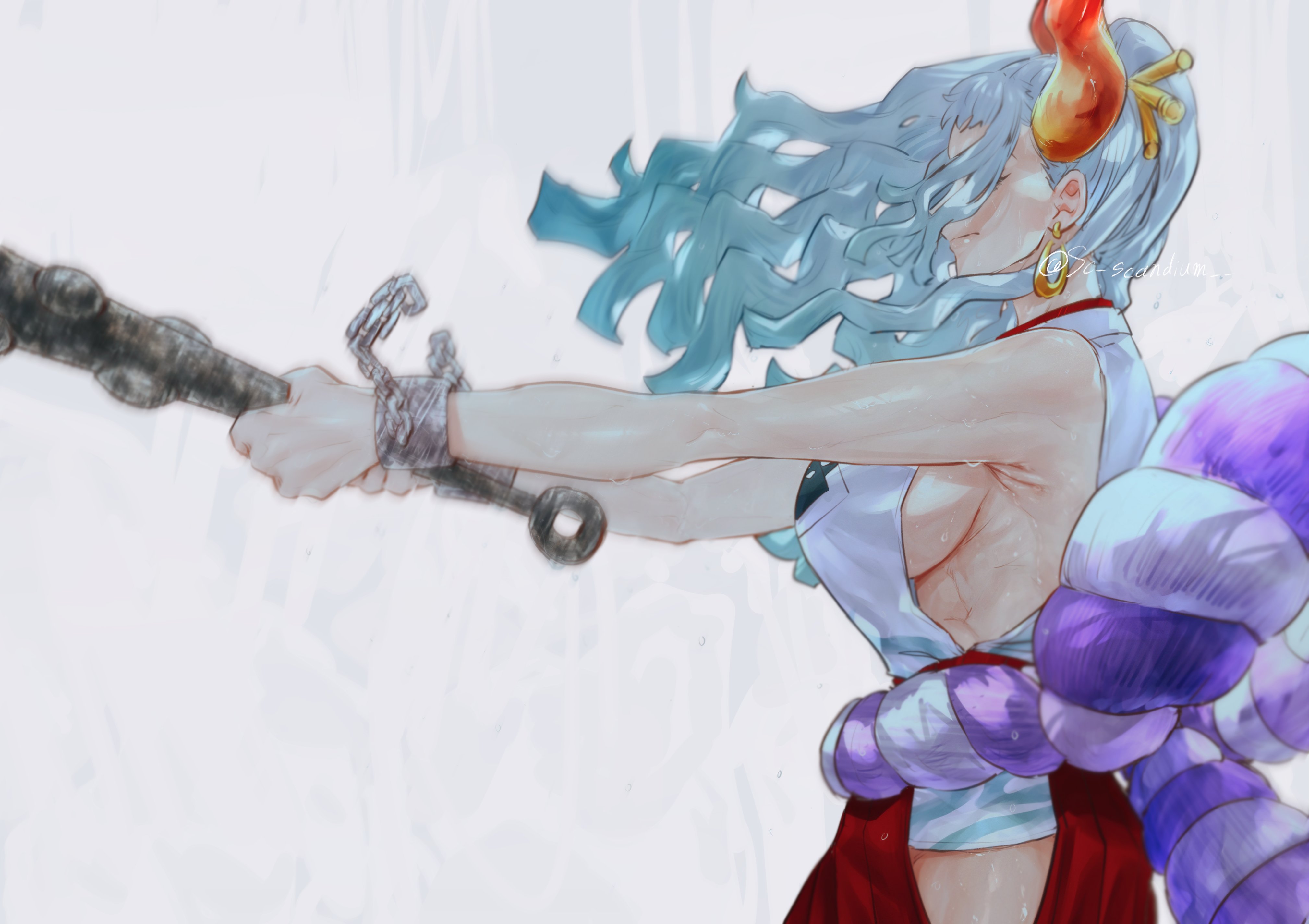 1girls, artist name, bare arms, big breasts, breasts, clothed, clothing, cuffs, earrings, female, female focus, female only, hair over eyes, holding object, holding weapon, horns, kanabou, large breasts, long hair, one piece, sc scandium, side view, sideboob, simple background, solo, sweat, sweating, swinging weapon, two-tone hair, white background, white hair, white-haired female, yamato (one piece)