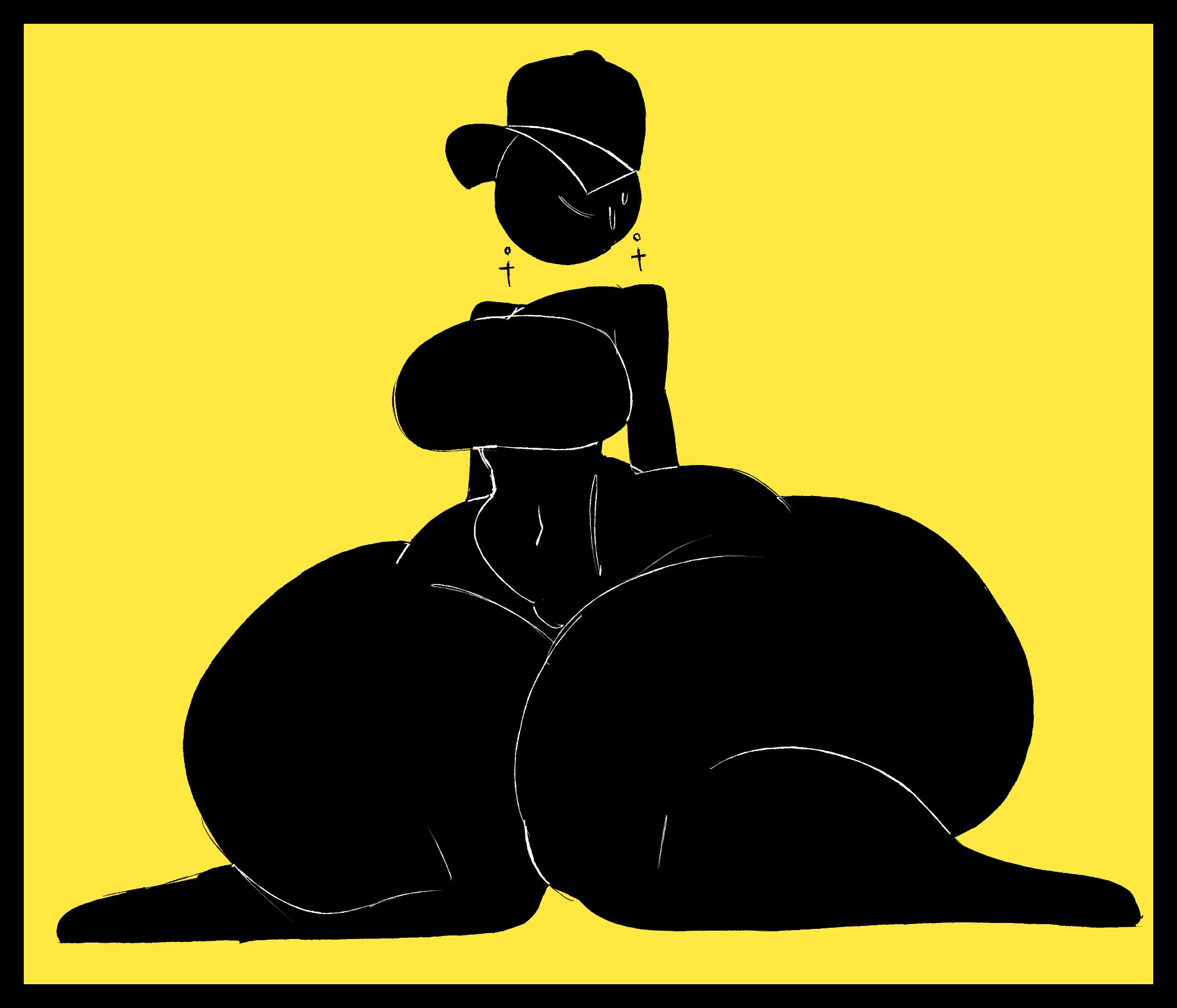 big breasts, breasts, earrings, faceless female, female, gigantic thighs, hat, probablyzan, sitting, sweatdrop, thick thighs, voluptuous female, warning sign, warning sign person, wide hips, zantanerz (artist)