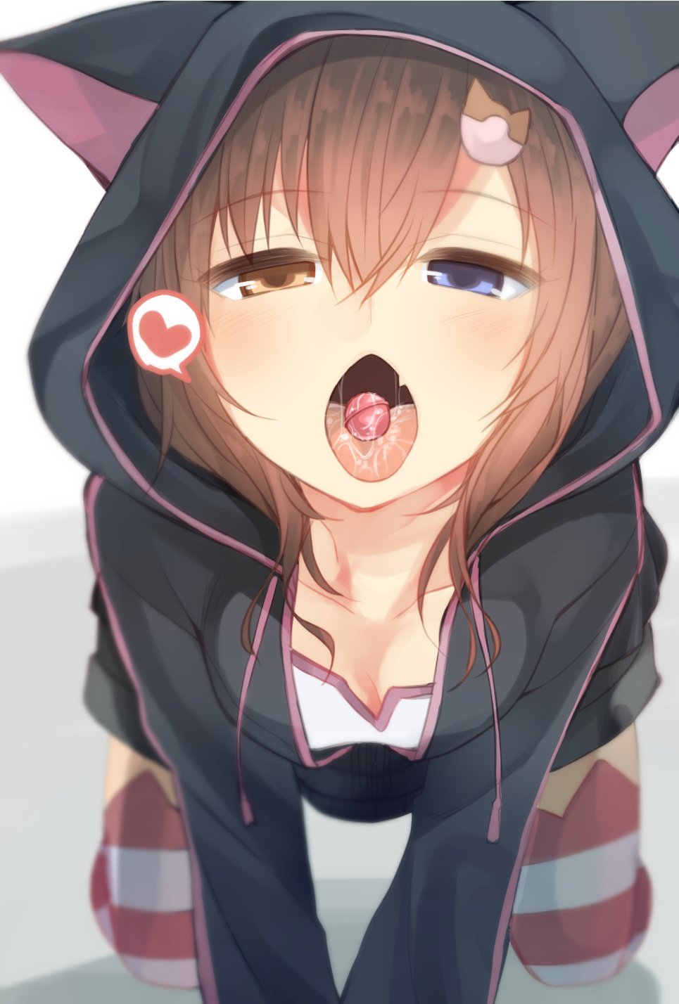 all_fours animal_hood black_jacket blue_eyes blurry blush breasts brown_eyes brown_hair candy cat_ears character_request cleavage collarbone copyright_request cute_fang depth_of_field down_blouse female food food_in_mouth hair_between_eyes hair_ornament heart heterochromia highres hood hooded_track_jacket jacket long_sleeves looking_at_viewer matching_hair/eyes nigo_(aozoragarou) open_mouth open_track_jacket oral_invitation saliva sexually_suggestive small_breasts solo spoken_heart striped striped_legwear thighhighs tongue tongue_out track_jacket