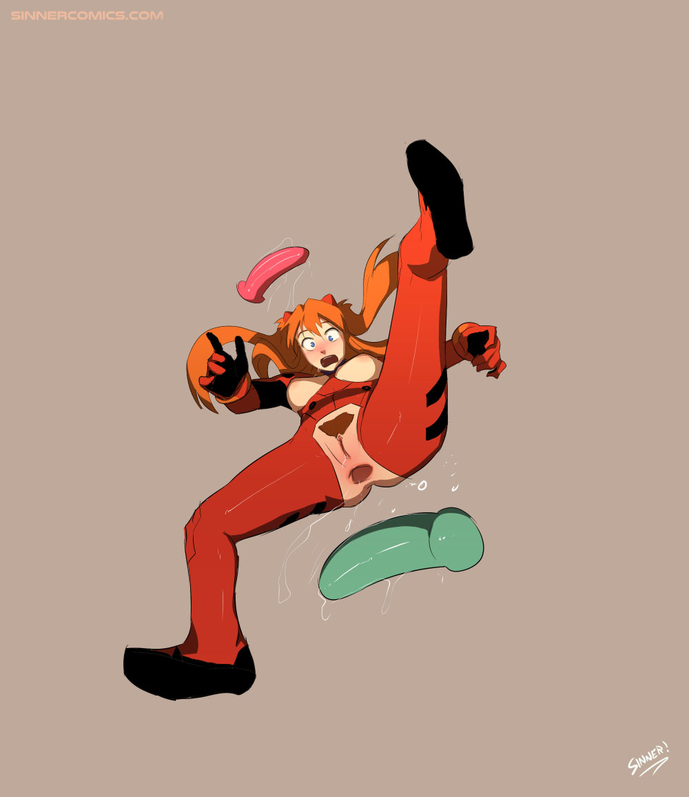 anus, asuka langley sohryu, blue eyes, blush, bodysuit, breastless clothes, breasts, clothing, crotchless clothes, dildo, female, long hair, medium breasts, neon genesis evangelion, open mouth, orange hair, plugsuit, pubic hair, pussy, pussy juice, sillygirl, sinner