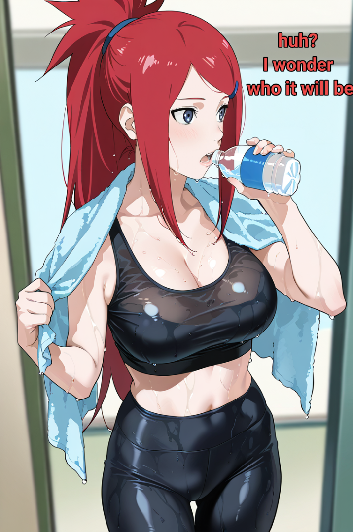 ai_generated boruto:_naruto_next_generations crop_top grabbing indoors kushina_uzumaki looking_away naruto naruto_(classic) naruto_(series) naruto_shippuden naruto_shippuuden sexy sexy_pose solo standing story text uzumaki_kushina water_bottle wet yoga_pants