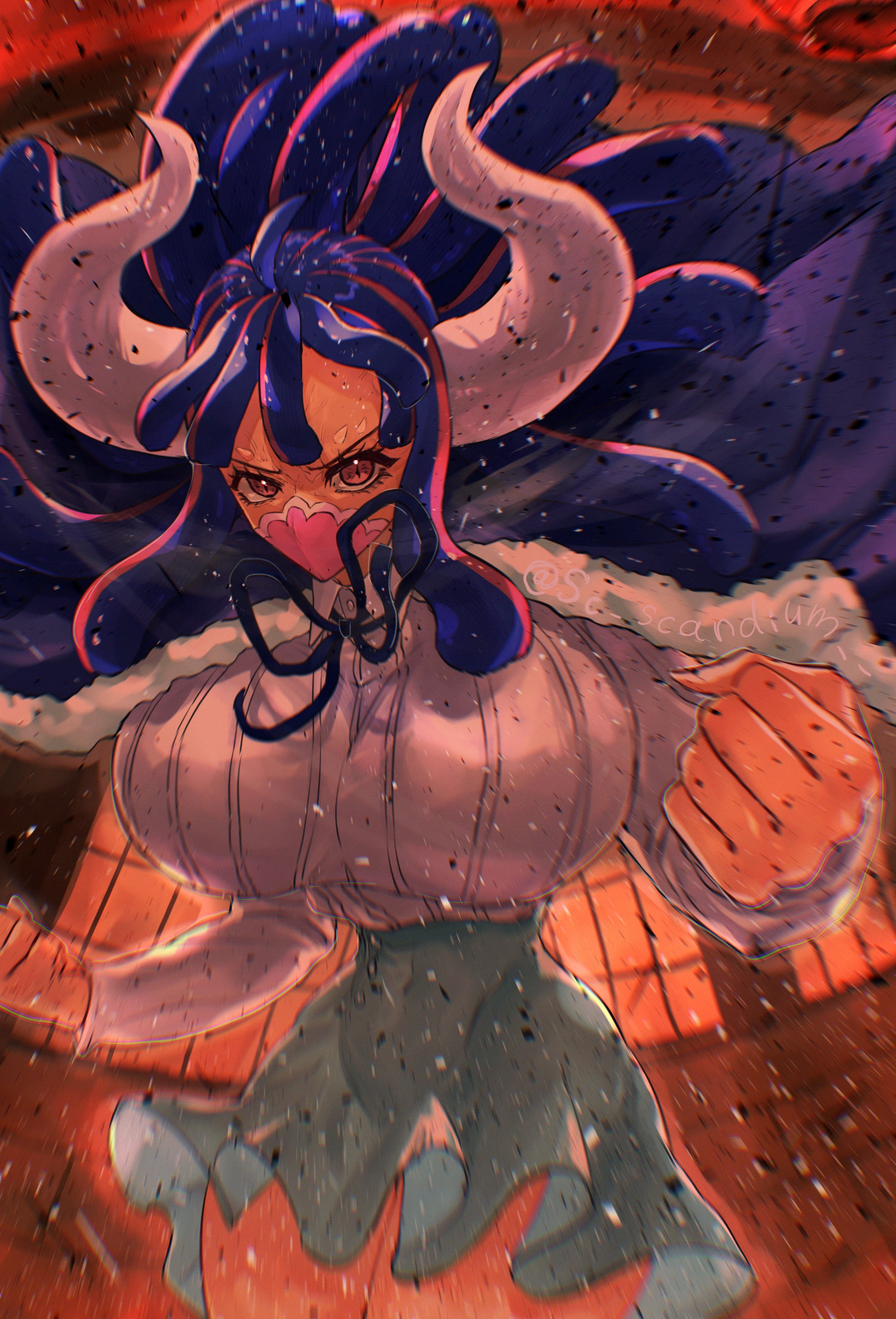 1girls, bare legs, bare thighs, big breasts, blue hair, blue-haired female, breasts, breasts bigger than head, clenched hand, clothed, clothing, curvaceous, curvy, curvy female, curvy figure, female, female focus, female only, fist, horns, hourglass figure, huge breasts, humongous breasts, large breasts, long hair, looking at viewer, mask, mouth mask, multicolored hair, one piece, pink eyes, pink hair, safe, sc scandium, skirt, slim waist, solo, thick thighs, thighs, thin waist, ulti (one piece), wide hips