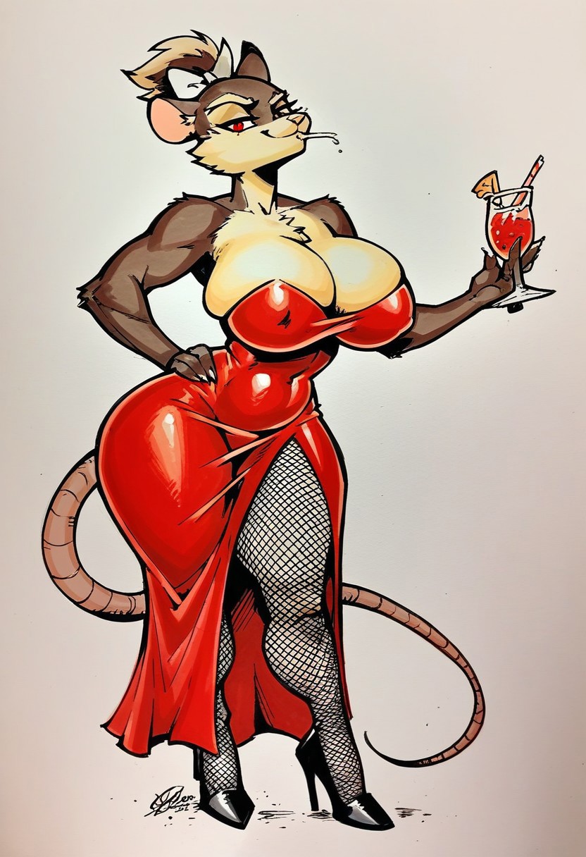 ai_generated anthro anthro_milf dress drink genderswap_(mtf) high_heels huge_breasts master_splinter milf mistress_splinter rat_girl red_dress rule_63 teenage_mutant_ninja_turtles thighhighs werewolfmortisad294