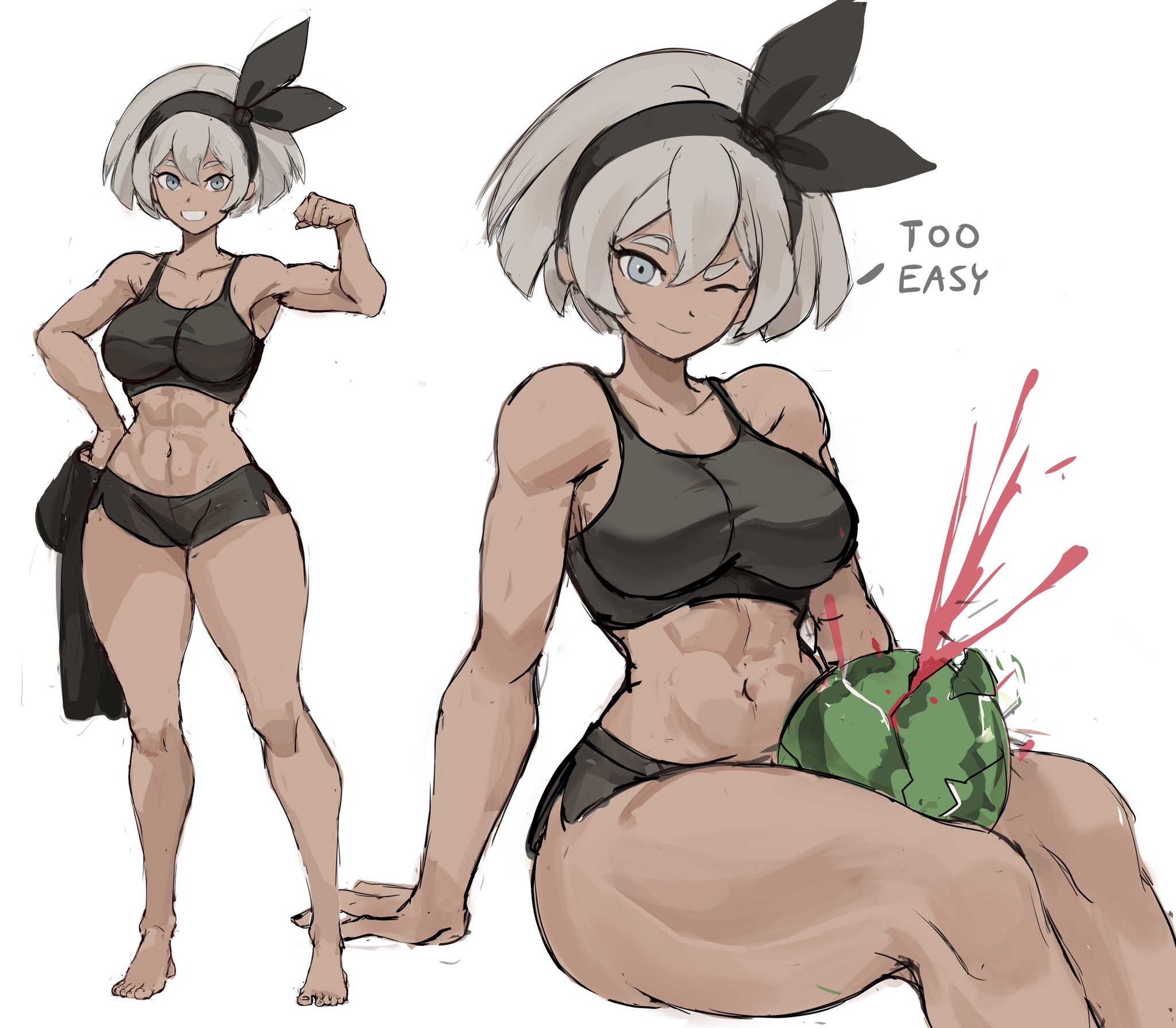 1girls, 2d, abs, barefoot, bea (pokemon), brown skin, brown-skinned female, dark skin, dark-skinned female, female, grey hair, grey-haired female, human, pokemon, pokemon ss, rakeemspoon, solo, tagme, thick thighs, thigh focus, watermelon, watermelon crushing