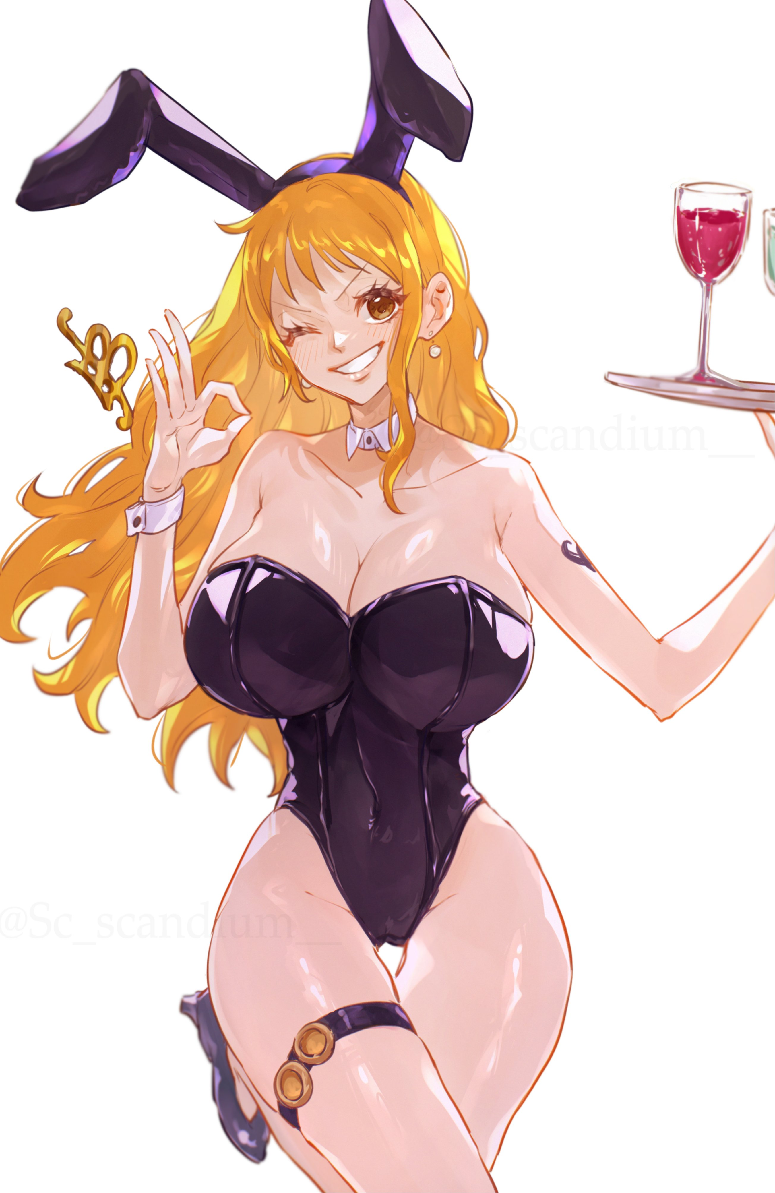 1girls, arm tattoo, artist name, bare shoulders, big breasts, black bunnysuit, blue tattoo, blush, breasts, bunny ears, bunnysuit, cleavage, clothing, cuff links, cuffs (clothing), curvaceous, curvy, curvy female, curvy figure, detached collar, earrings, fake animal ears, female, female focus, female only, fit, fit female, high heels, holding object, hourglass figure, huge breasts, large breasts, light skin, light-skinned female, long hair, nami (one piece), ok sign, one eye closed, one piece, orange eyes, orange hair, orange-haired female, revealing clothes, sc scandium, shiny clothes, slim waist, smile, solo, tattoo, thick thighs, thigh gap, thigh strap, thighs, thin waist, tray, wide hips