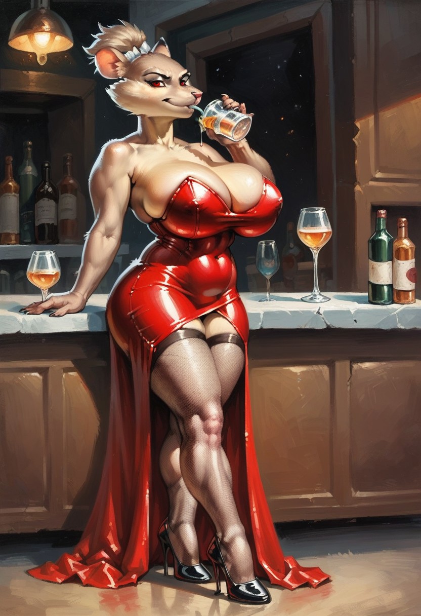 ai_generated anthro anthro_milf dress drink genderswap_(mtf) high_heels huge_breasts master_splinter milf mistress_splinter rat_girl red_dress rule_63 teenage_mutant_ninja_turtles thighhighs werewolfmortisad294