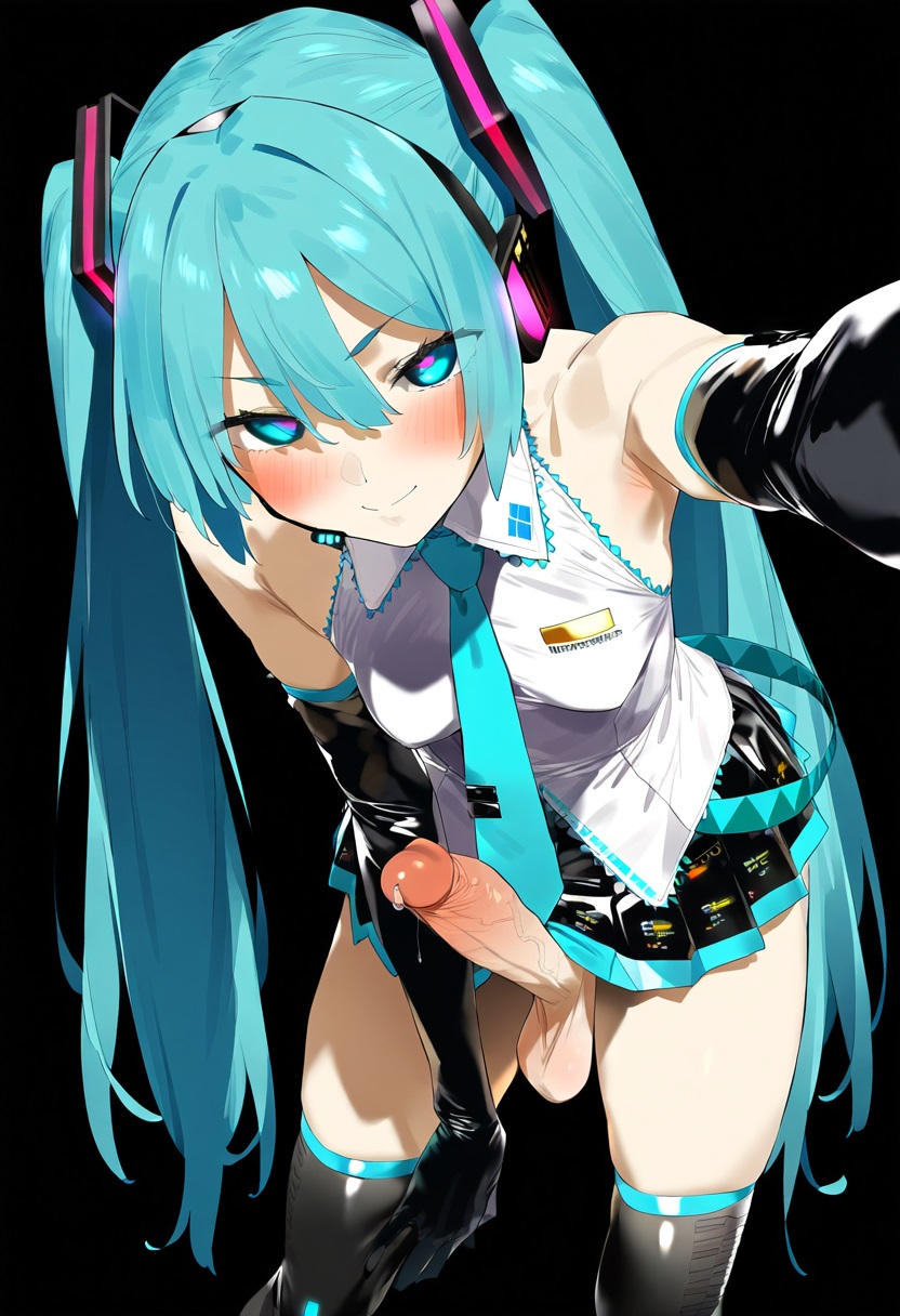 1girl, ai generated, aqua eyes, aqua hair, armpits, bangs, bare shoulders, black background, black gloves, black skirt, black thighhighs, blush, breasts, closed mouth, elbow gloves, erection, futanari, gerumusi, gloves, hair between eyes, hatsune miku, headphones, headset, intersex, long hair, looking at viewer, miniskirt, necktie, penis, pleated skirt, precum, reaching towards viewer, selfie, shirt, simple background, skirt, sleeveless, sleeveless shirt, small breasts, smile, solo, symbol-shaped pupils, testicles, thighhighs, twintails, uncensored, very long hair, vocaloid