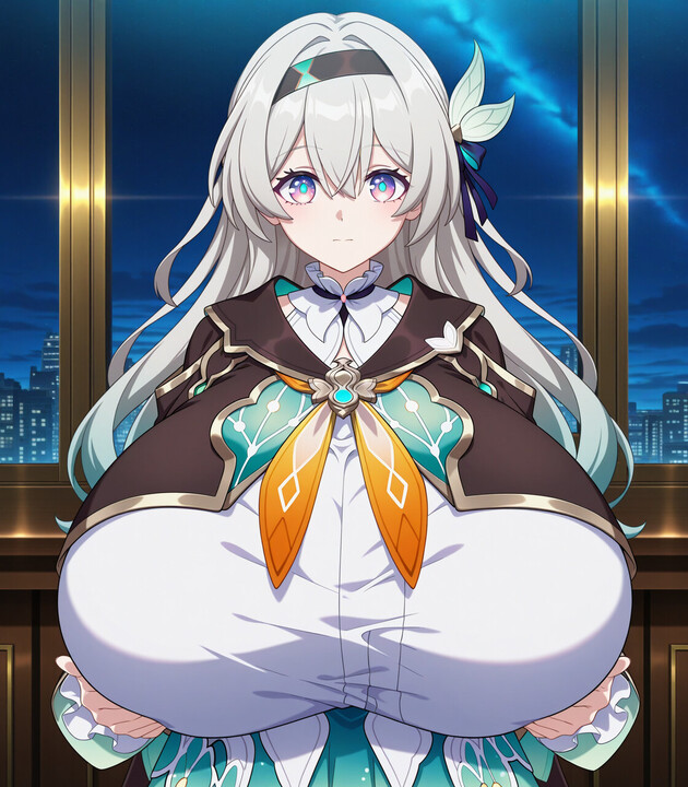 ass big_ass big_breasts bimbo black_hairband black_jacket blue_eyes blue_pupils blush bottomless breasts cellphone chinese_commentary clitoral_stimulation closed_mouth collar commentary_request elmenois female firefly_(honkai:_star_rail) frilled_collar frills gigantic_breasts grey_hair hairband hand_on_own_stomach highres holding honkai:_star_rail honkai_(series) huge_ass huge_breasts jacket large_breasts long_hair navel no_bra on_bed paid_reward_available phone purple_eyes reflection sitting smartphone sticky_note stomach straight transformation two-tone_eyes vaginal_penetration white_collar wide_hips