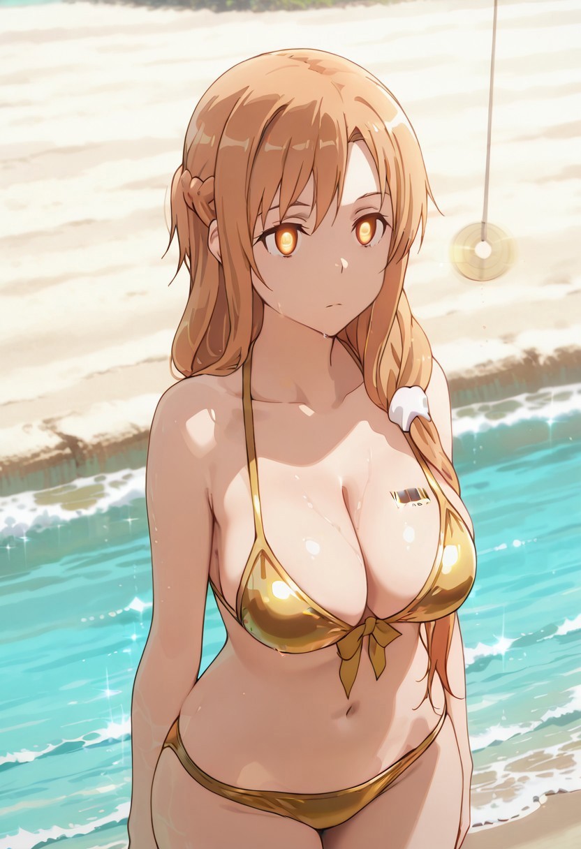 ai_generated asuna_(sao) barcode barcode_on_breast barcode_tattoo beach beach_background brainwashed brown_hair emotionless empty_eyes expressionless golden_bikini golden_eyes hypnosis long_hair mind_control pendulum pixai sweat sword_art_online tagme yuuki_asuna