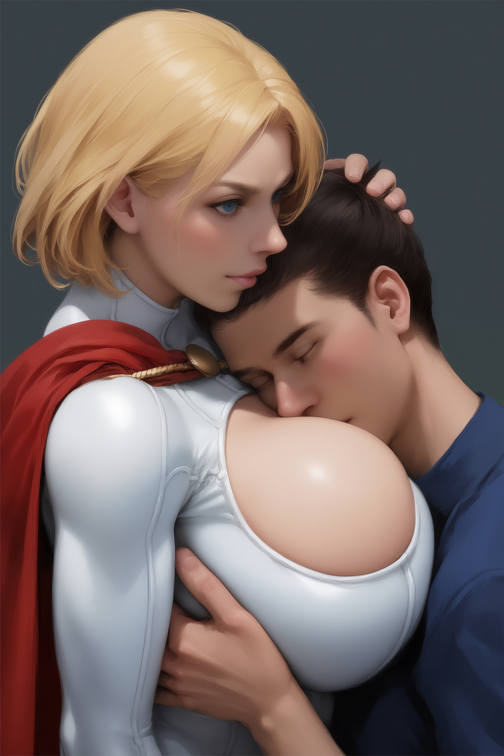 1boy 1girls ai_generated big_breasts blonde_hair breasts cape cleavage_cutout closed_eyes dc dc_comics female holding_head hug karen_starr kryptonian male novelai power_girl short_hair stable_diffusion